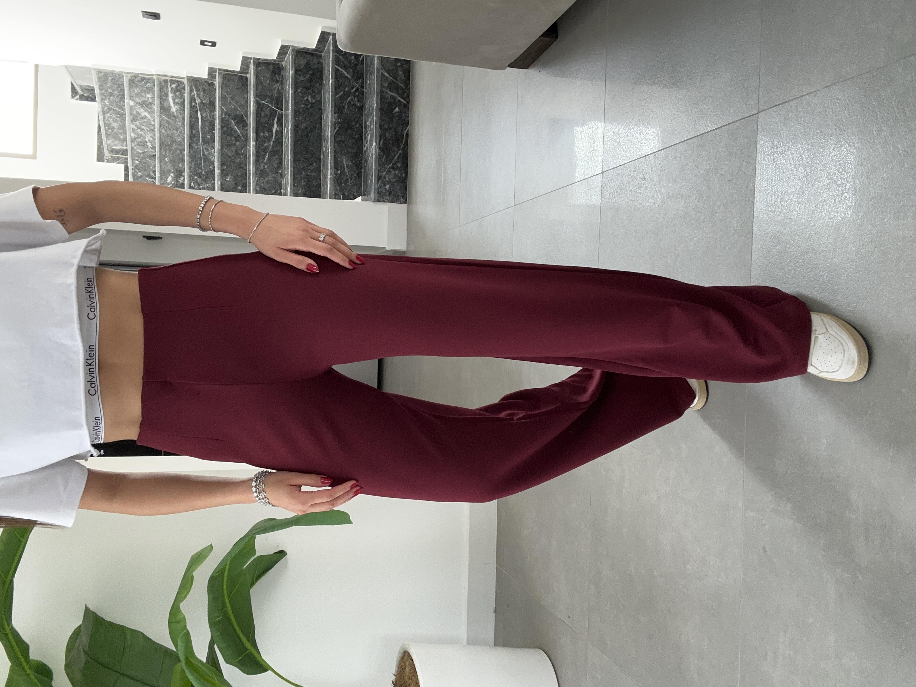 Krep Kemersiz Palazzo Bordo Pantolon