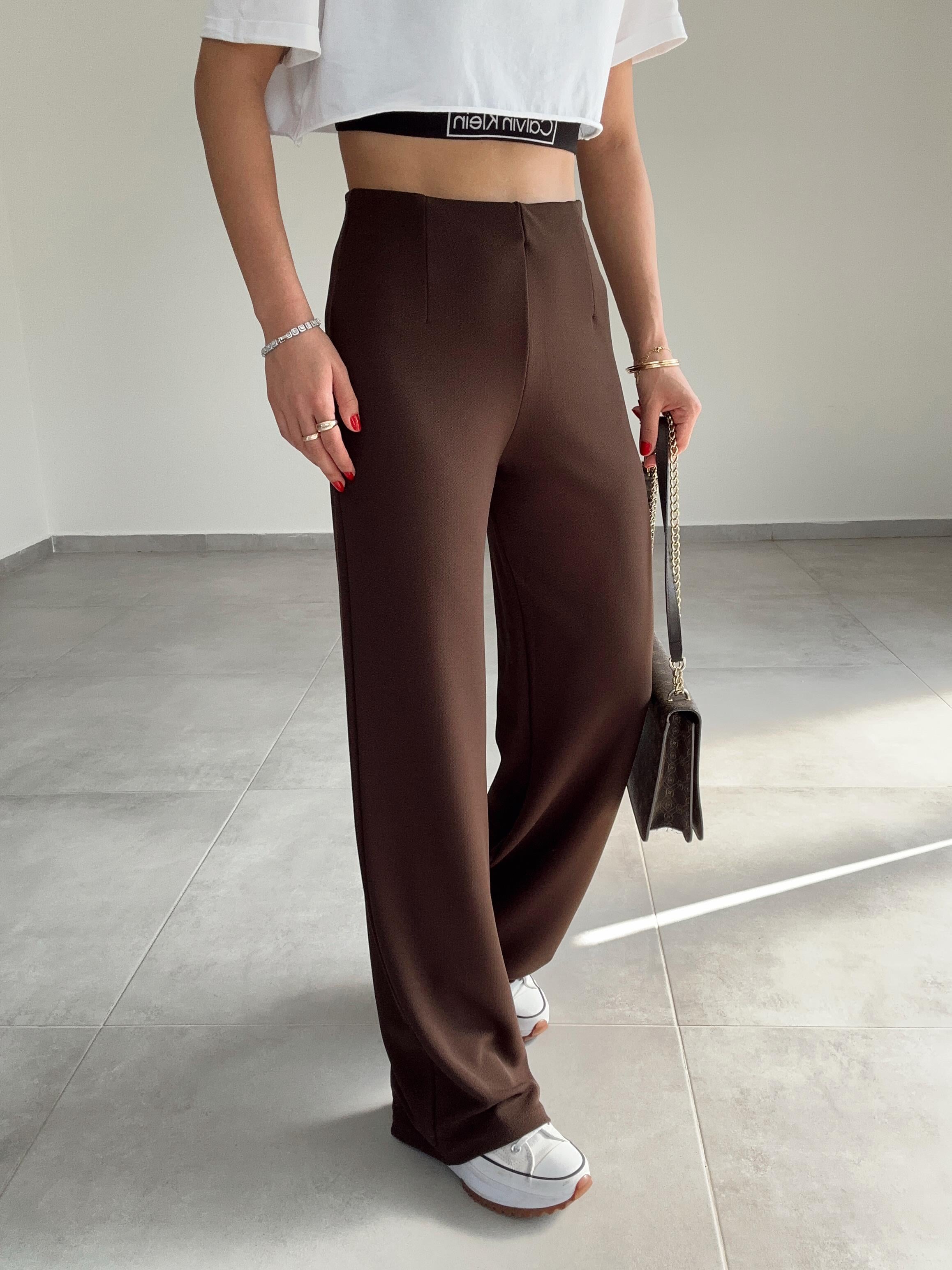 Krep Kemersiz Palazzo Kahve Pantolon