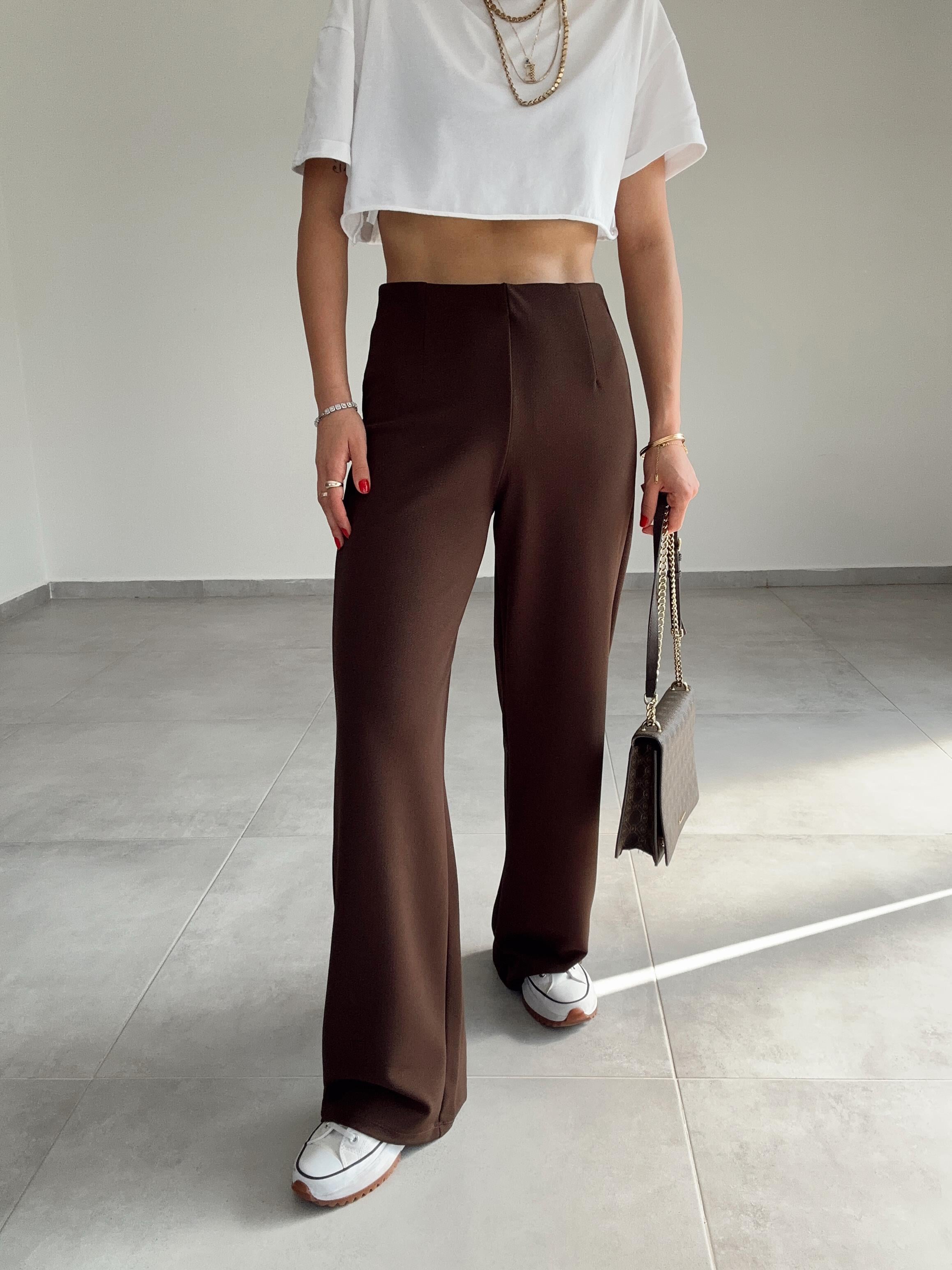 Krep Kemersiz Palazzo Kahve Pantolon