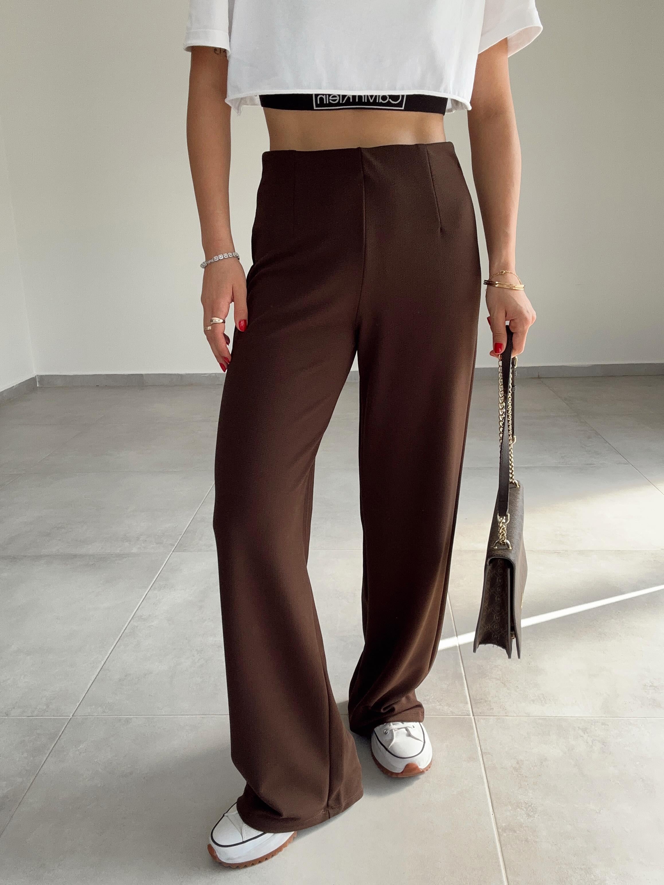 Krep Kemersiz Palazzo Kahve Pantolon