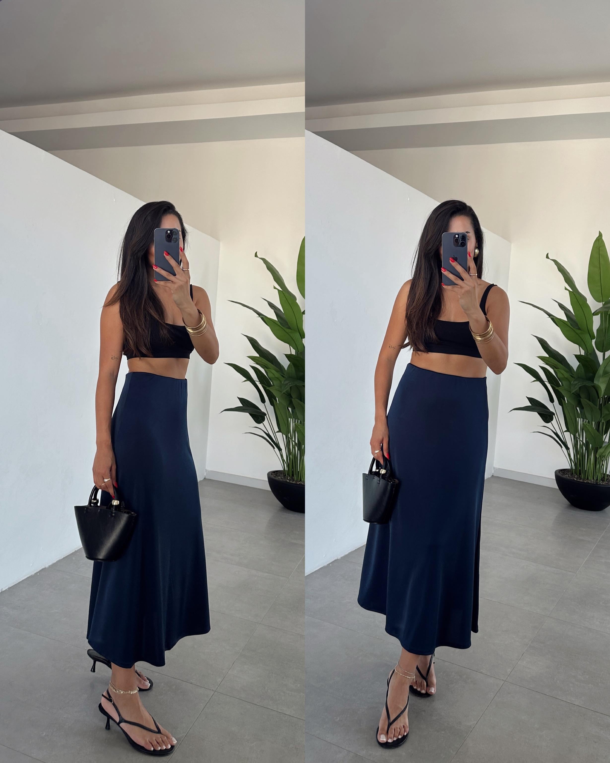 Hena Lacivert Bel Lastikli Uzun Çan Etek