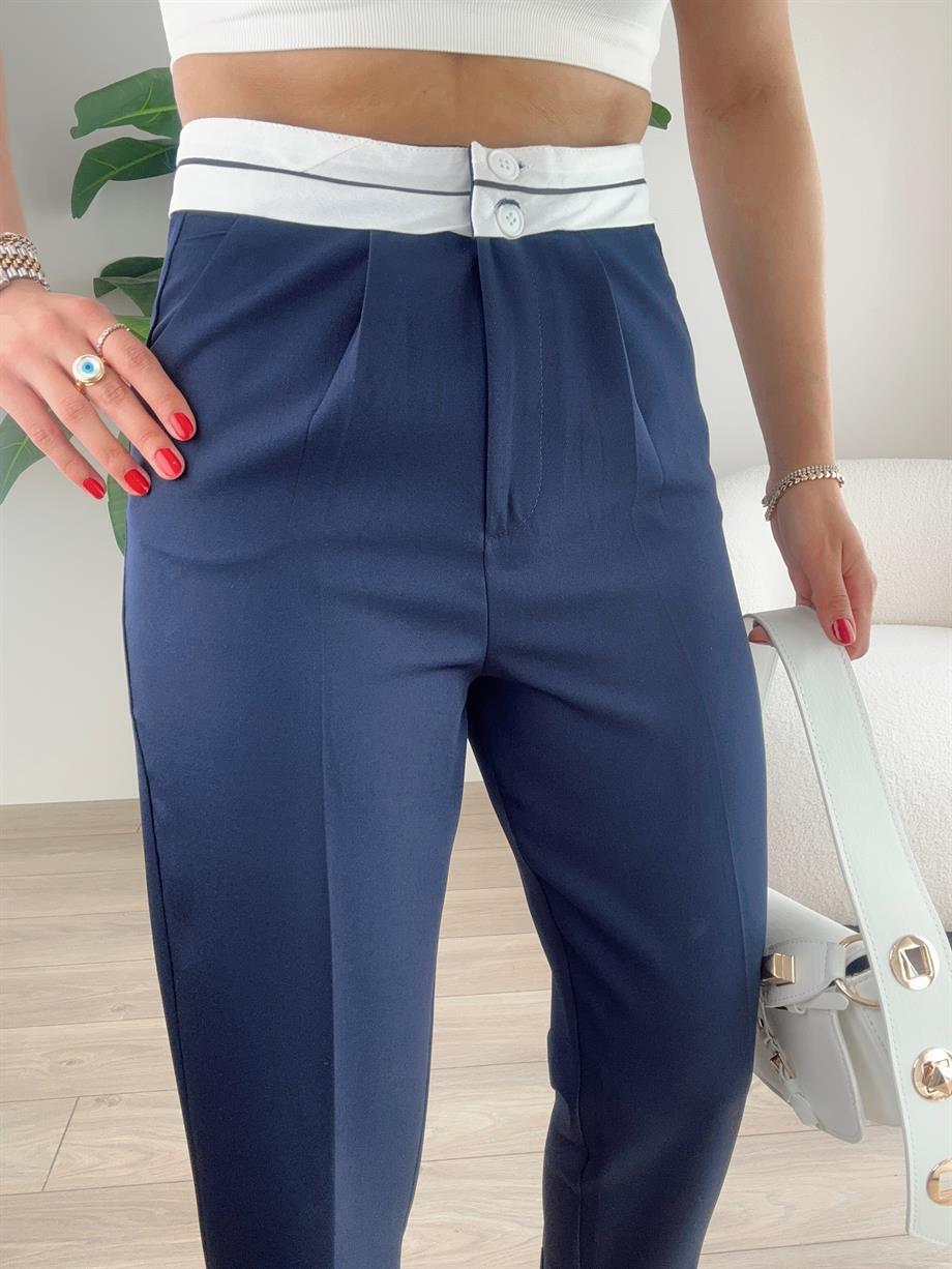 Lacivert Beli Kemer Detaylı Pantolon
