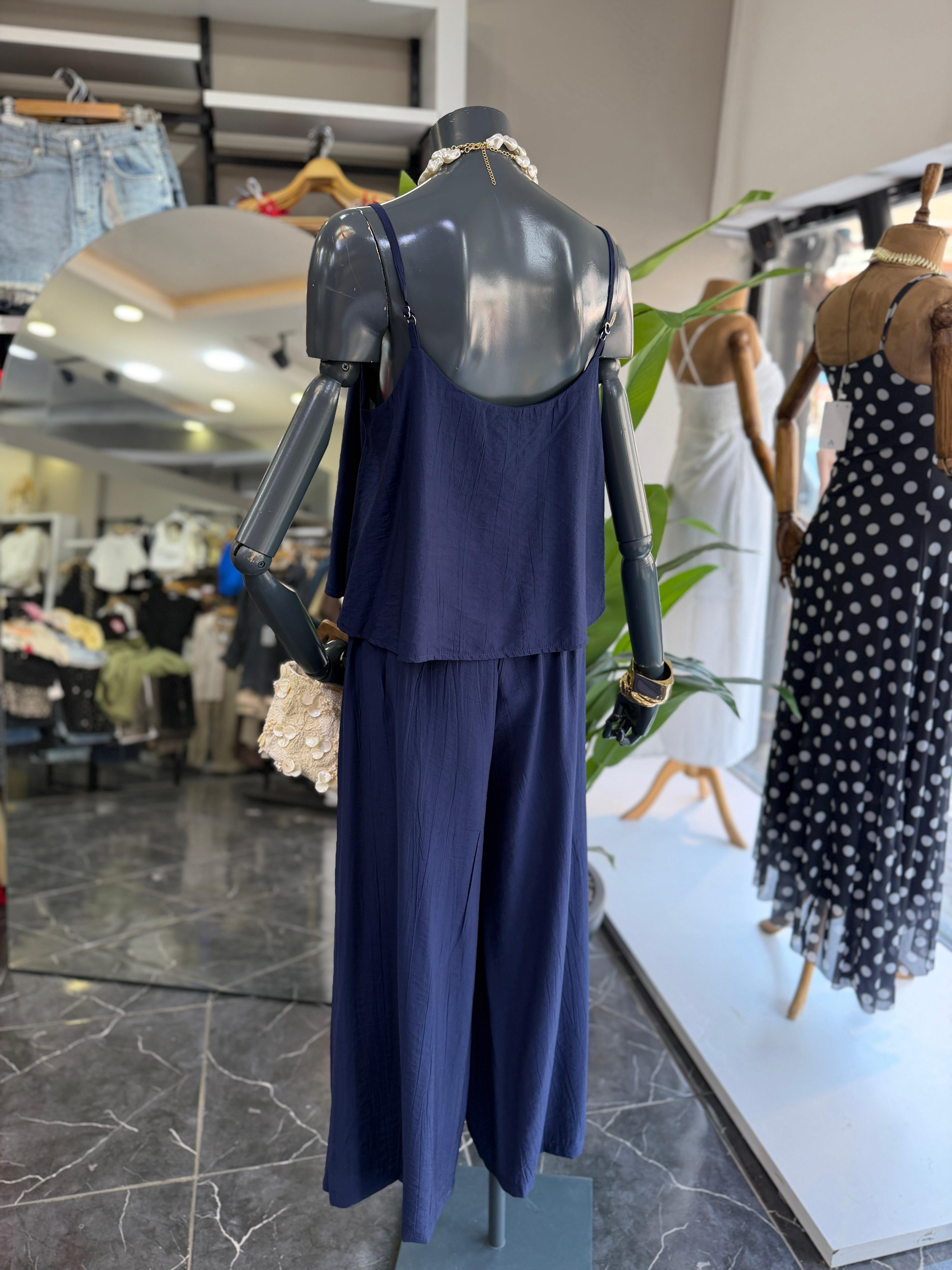 Levure Lacivert Beli Lastikli Su Taşı Detaylı Pantolon