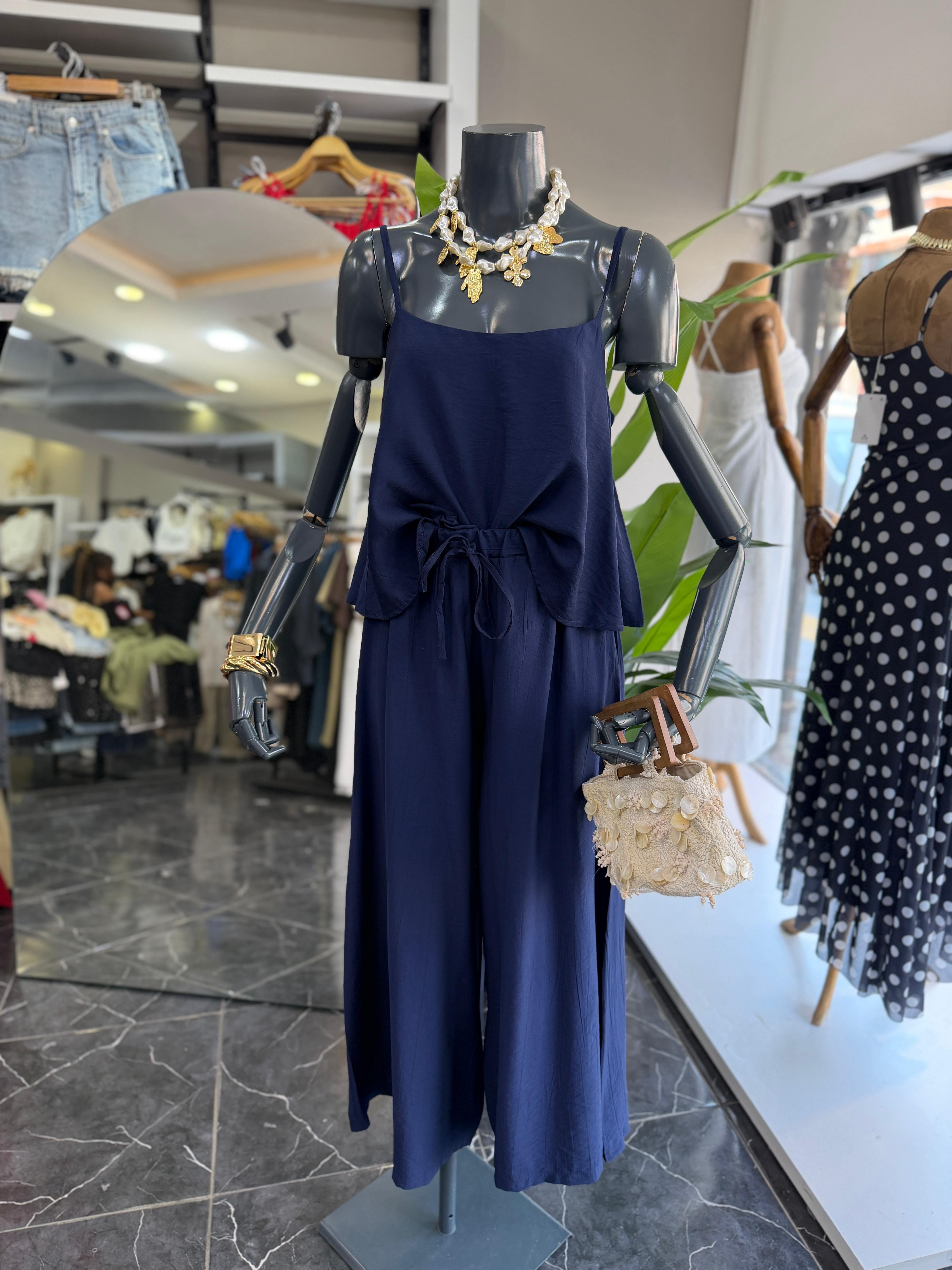 Levure Lacivert Beli Lastikli Su Taşı Detaylı Pantolon