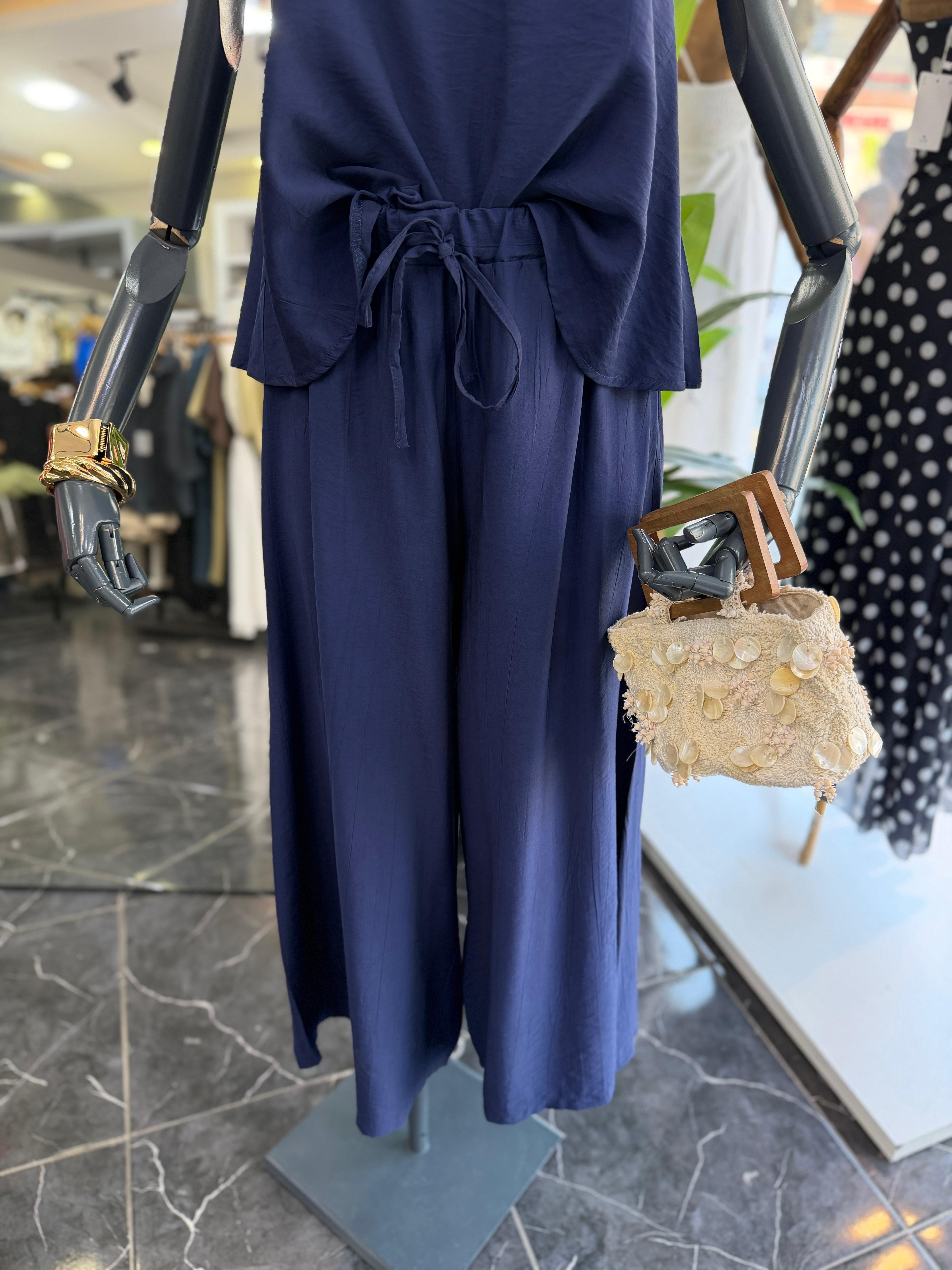 Levure Lacivert Beli Lastikli Su Taşı Detaylı Pantolon
