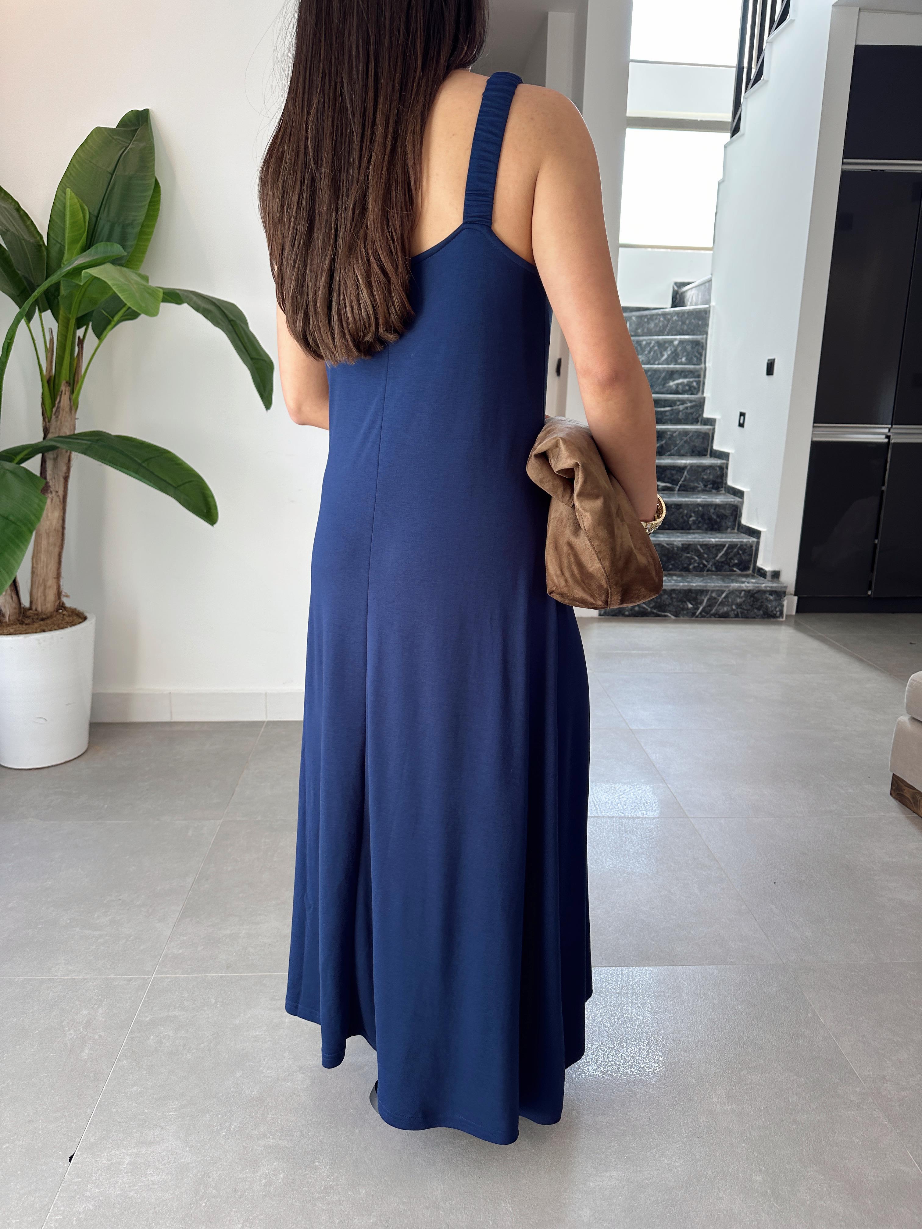 Lacivert Büzgü Askılı Modal Kumaş Elbise