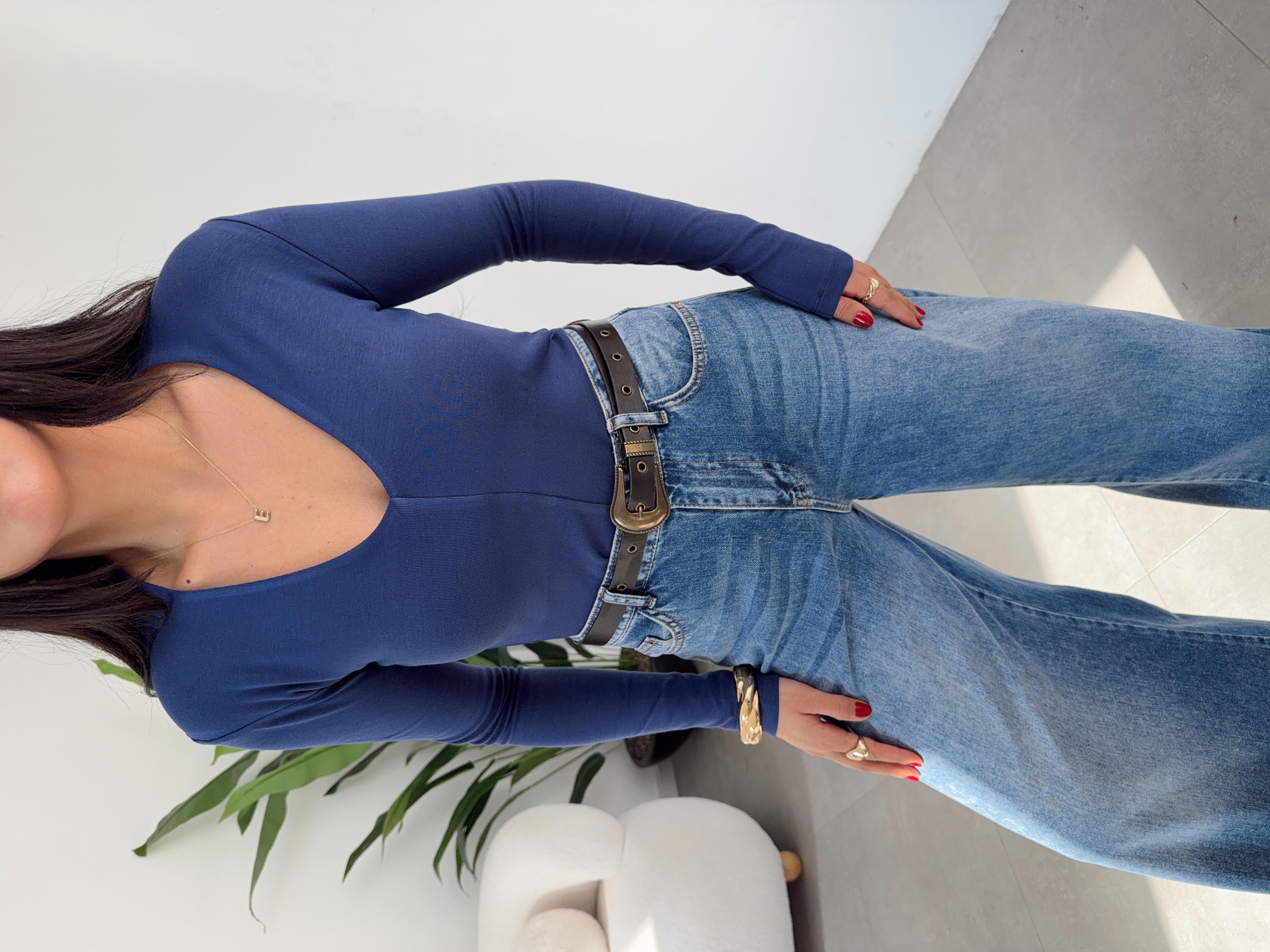 Lacivert Buzzy V Yaka Uzun Kollu Body