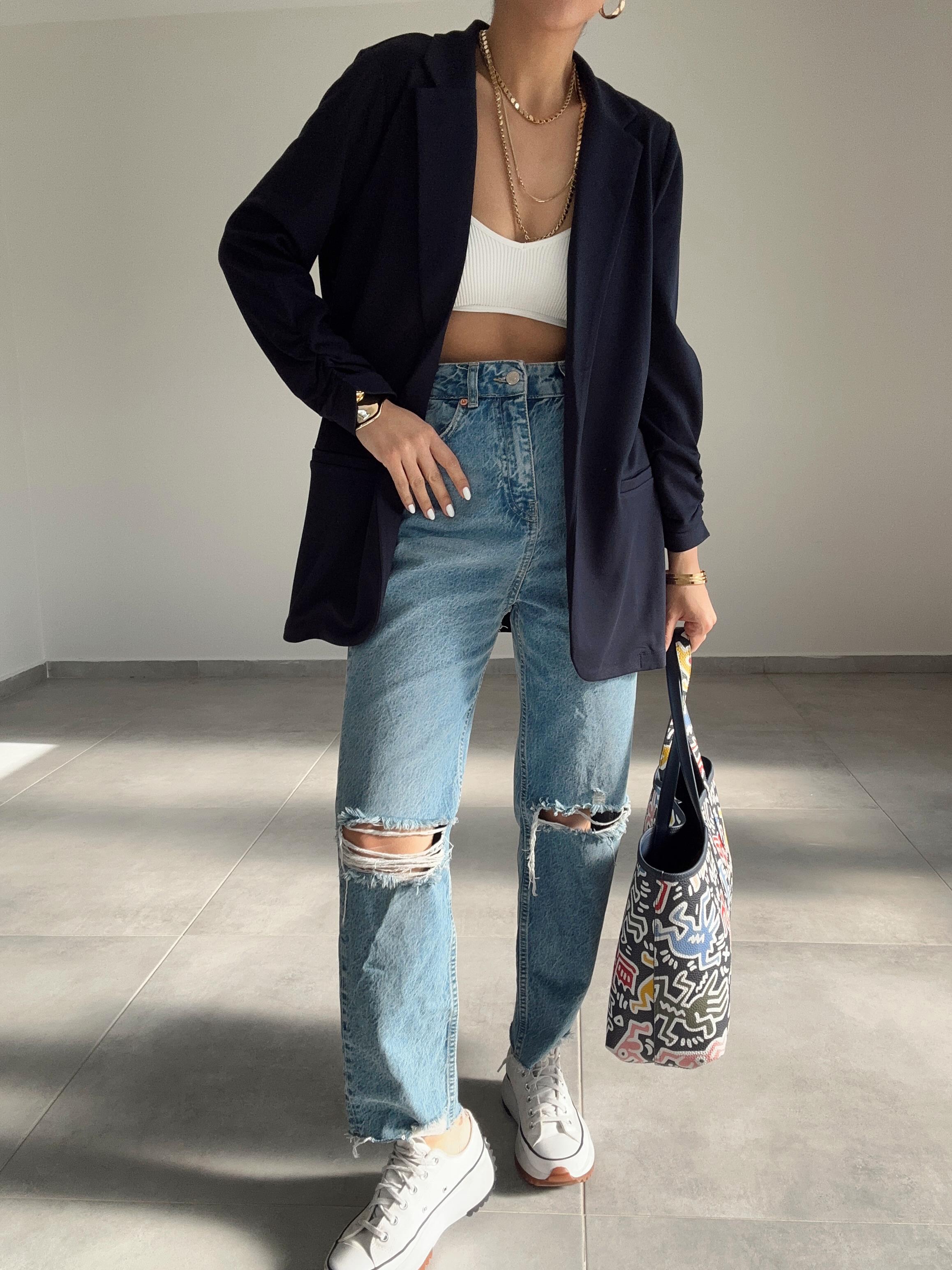 Lacivert Çelik Kumaş Kol Büzgülü Blazer Ceket