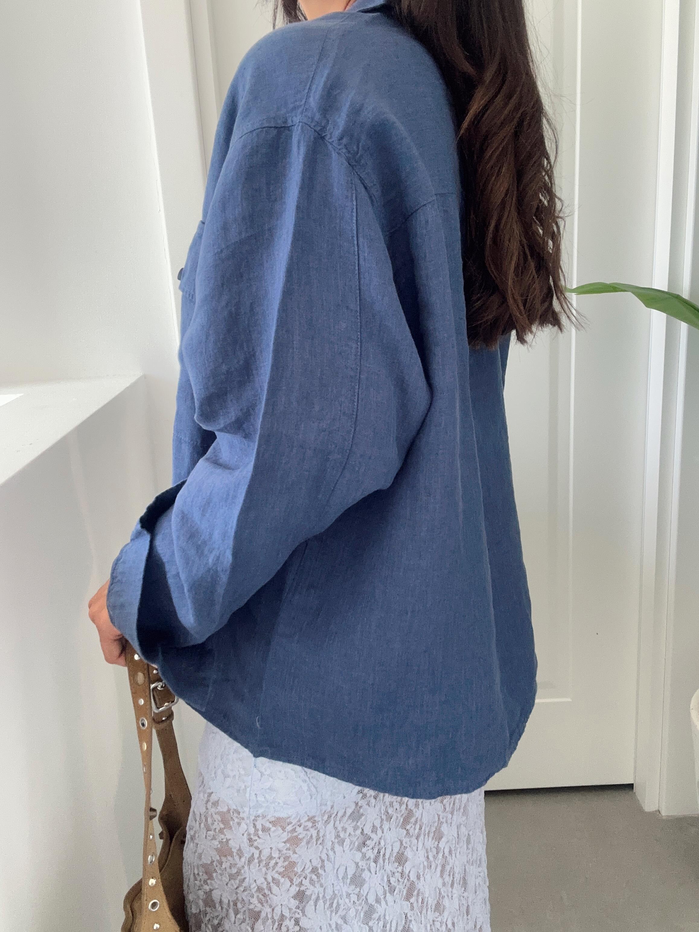 Lacivert Çift Cepli Keten Gömlek