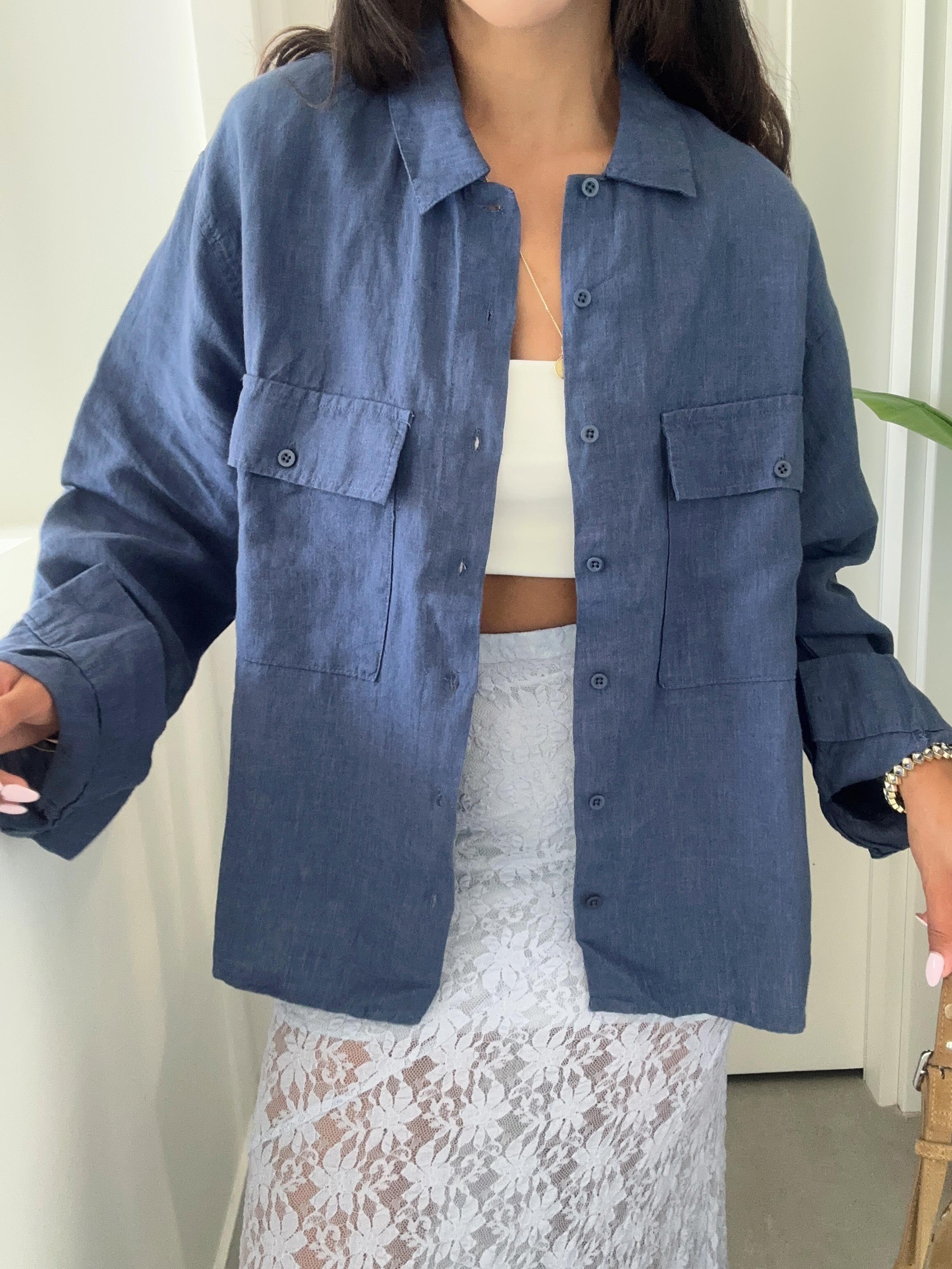 Lacivert Çift Cepli Keten Gömlek