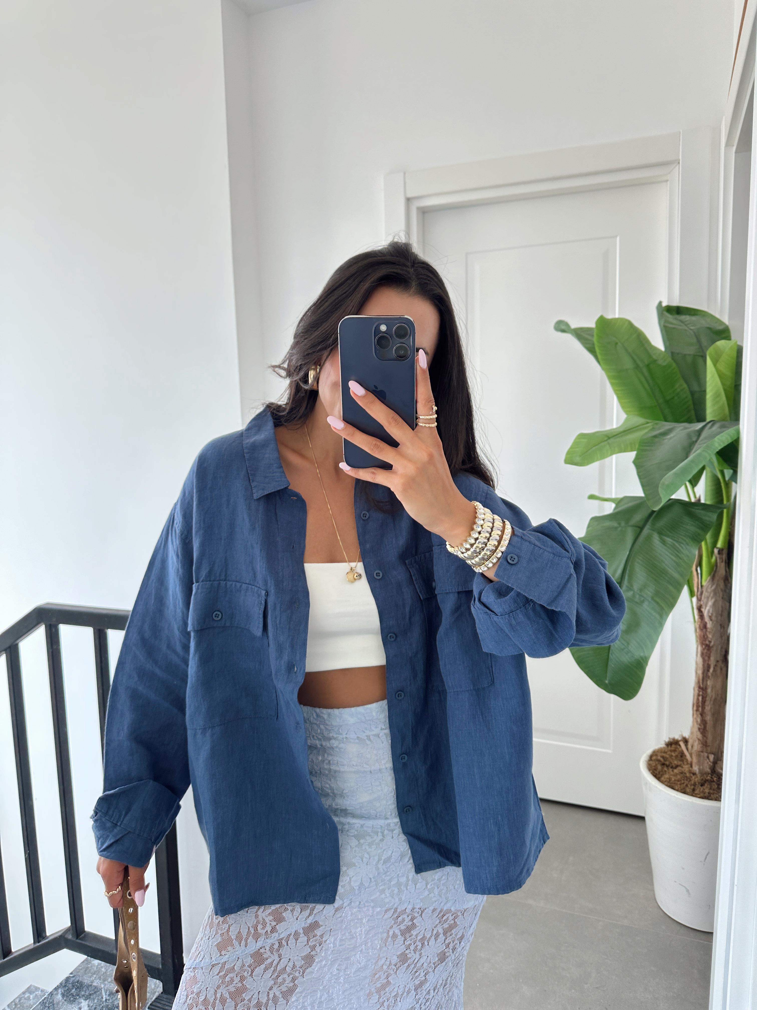 Lacivert Çift Cepli Keten Gömlek