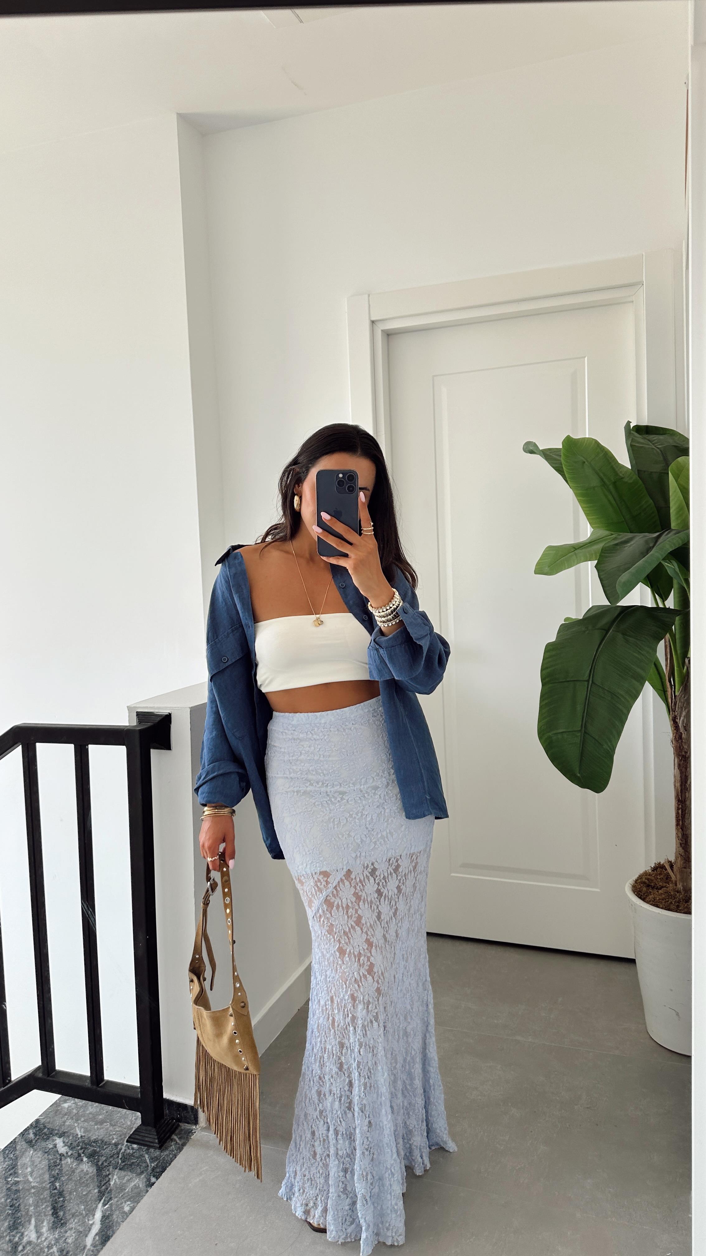 Lacivert Çift Cepli Keten Gömlek