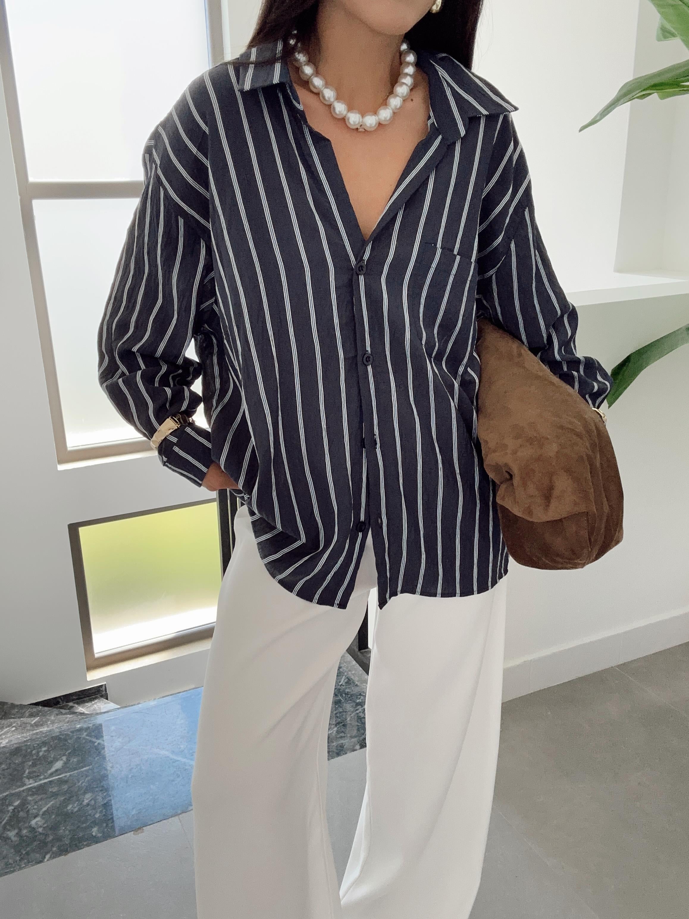 Lacivert Çizgili Kraş Gömlek