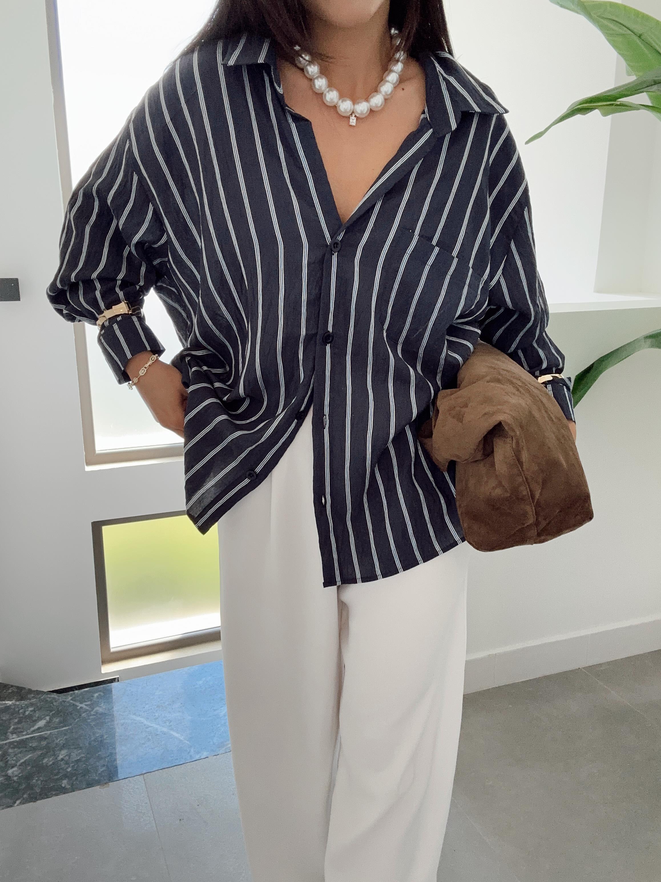 Lacivert Çizgili Kraş Gömlek