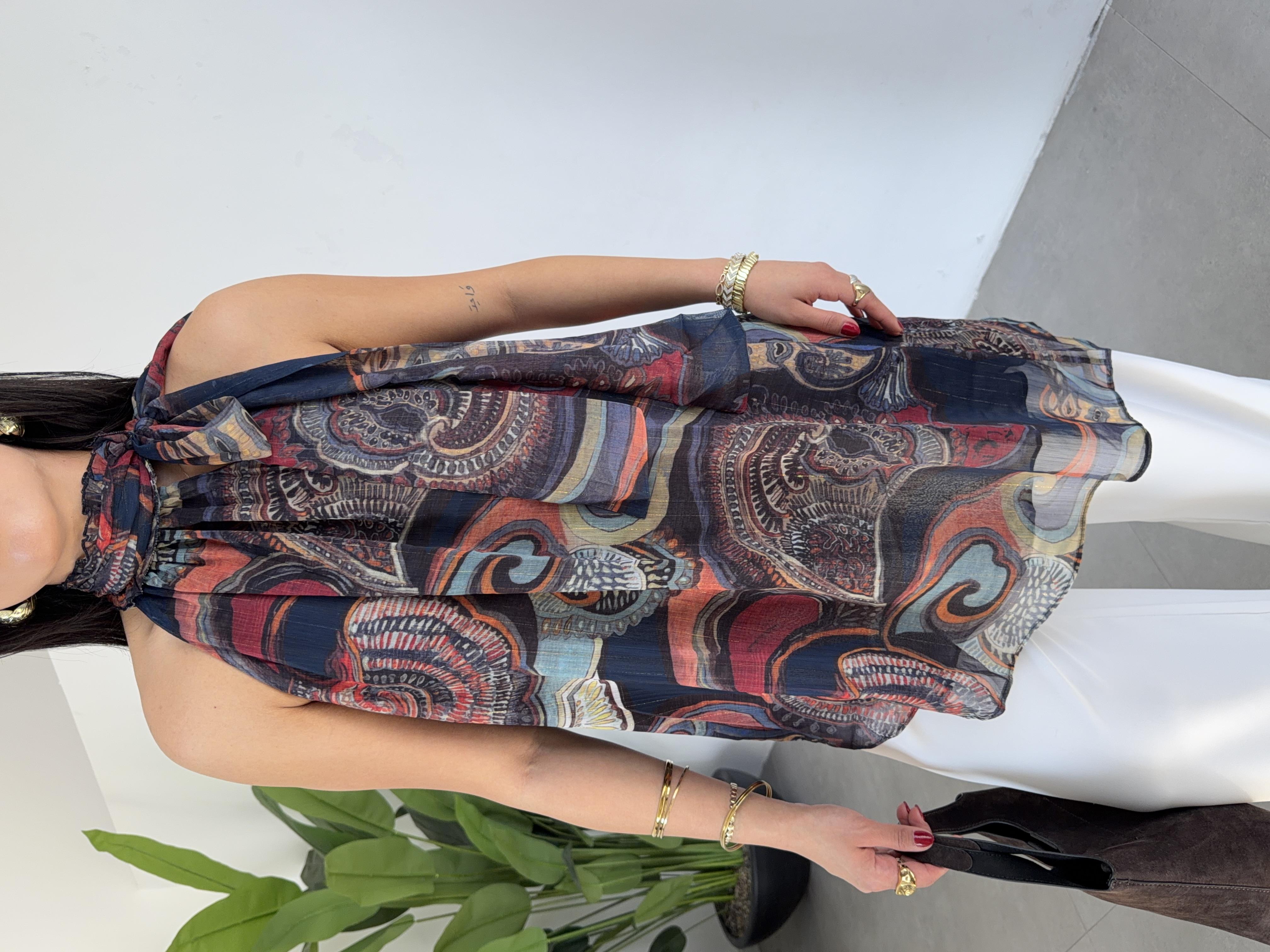 Lacivert Desenli Asimetrik Bluz