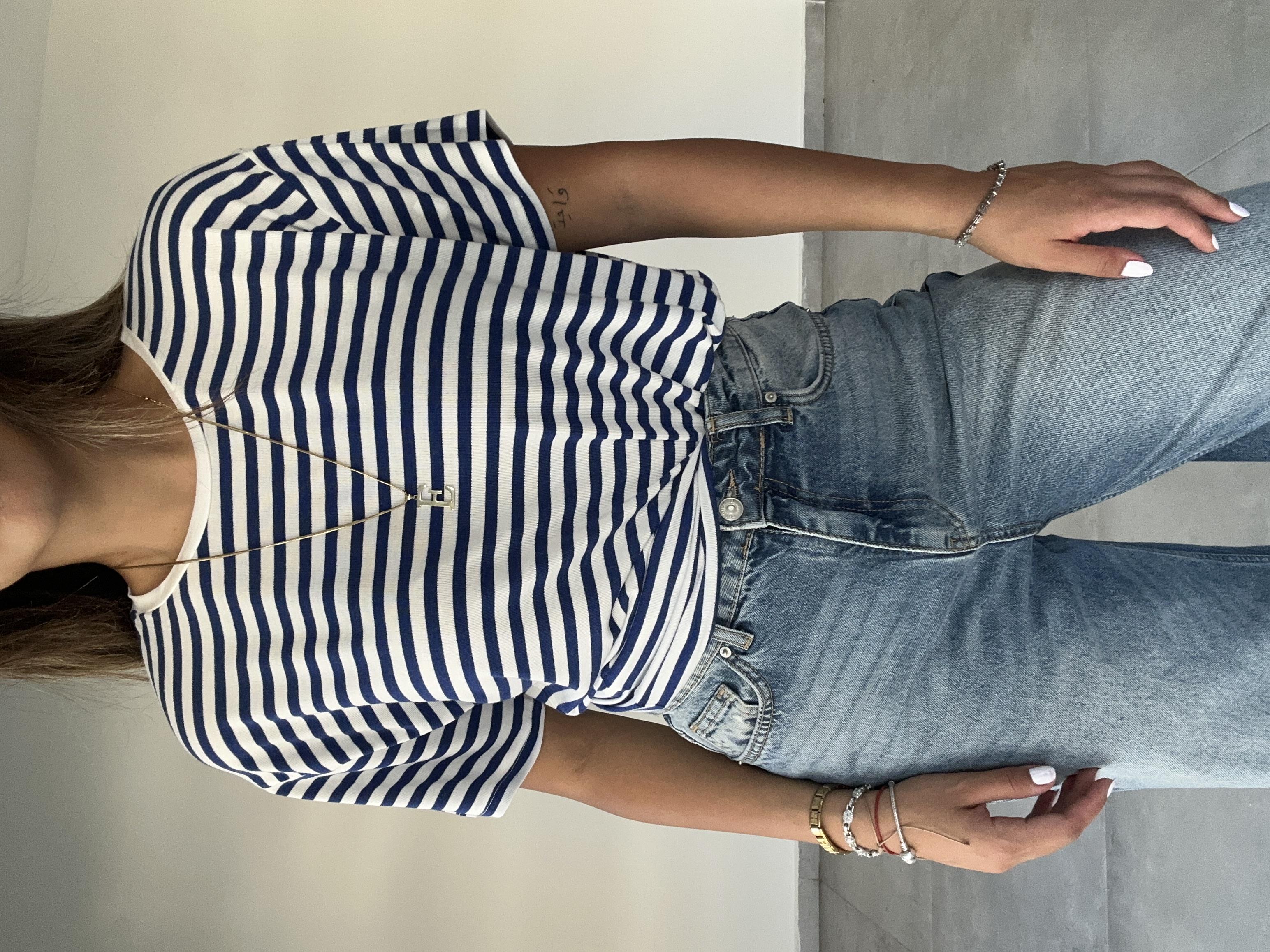 Lacivert-Ekru Çizgili Tişört