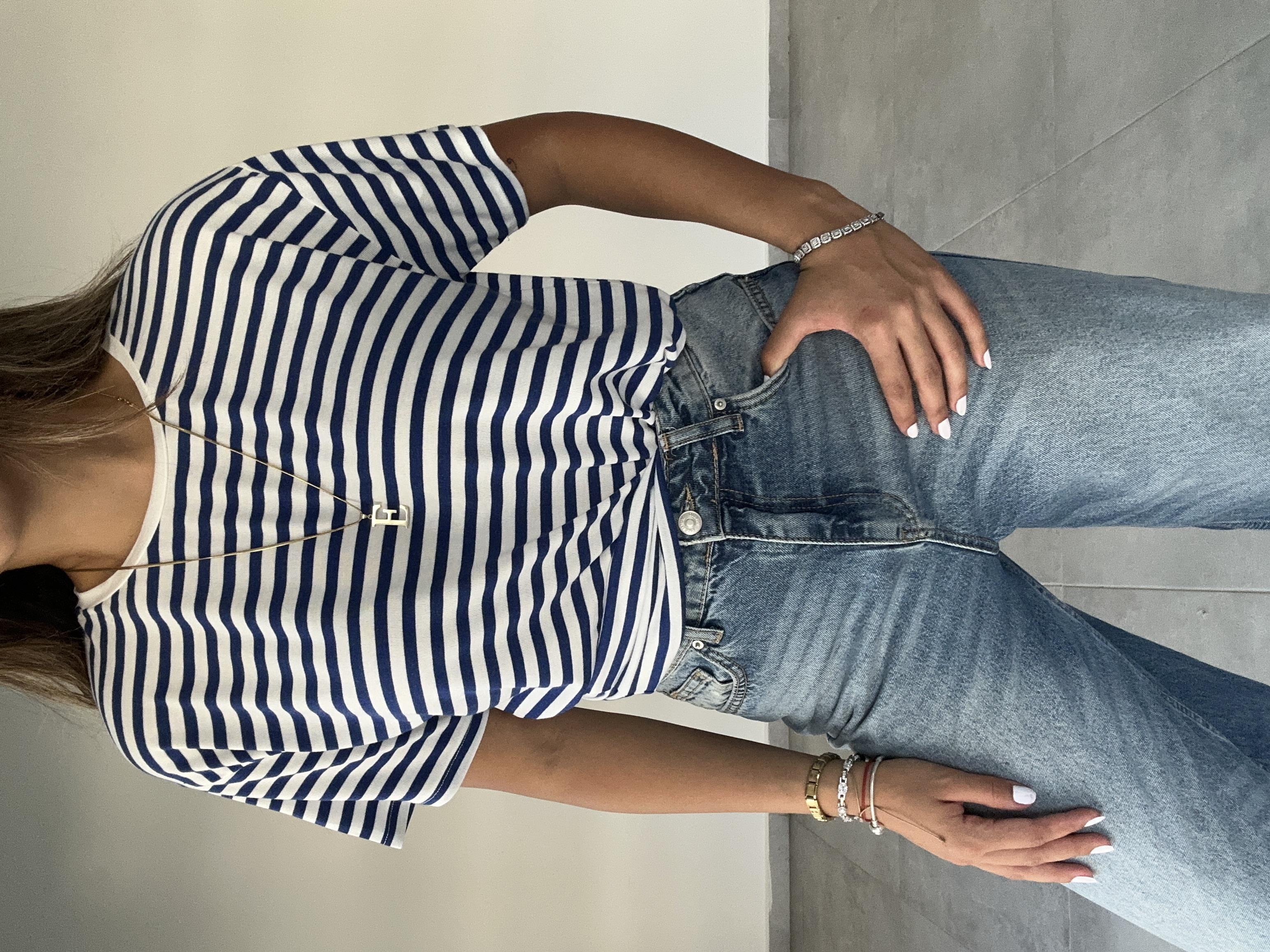 Lacivert-Ekru Çizgili Tişört