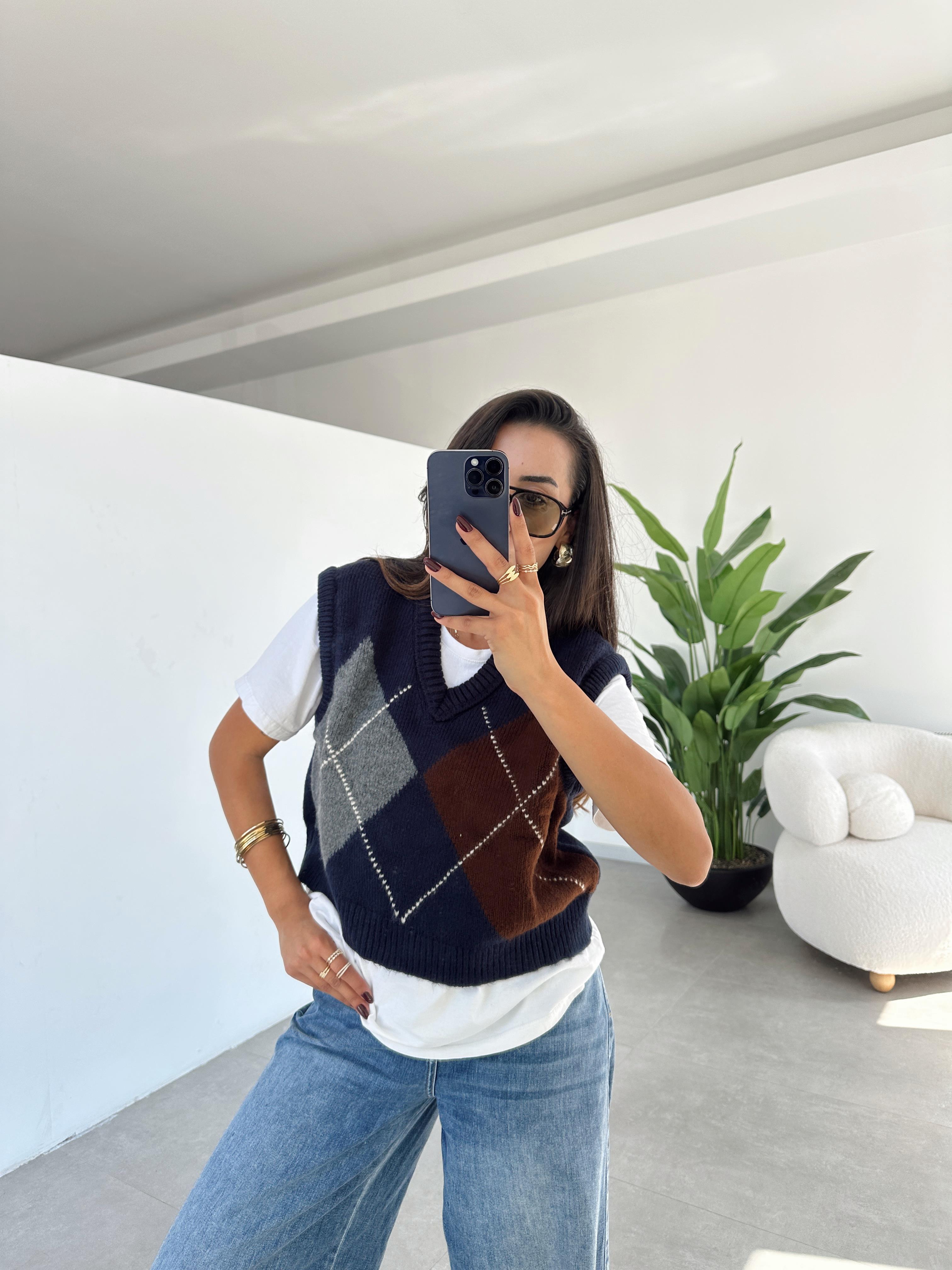 Lacivert-Kahve Baklava Desen Süveter