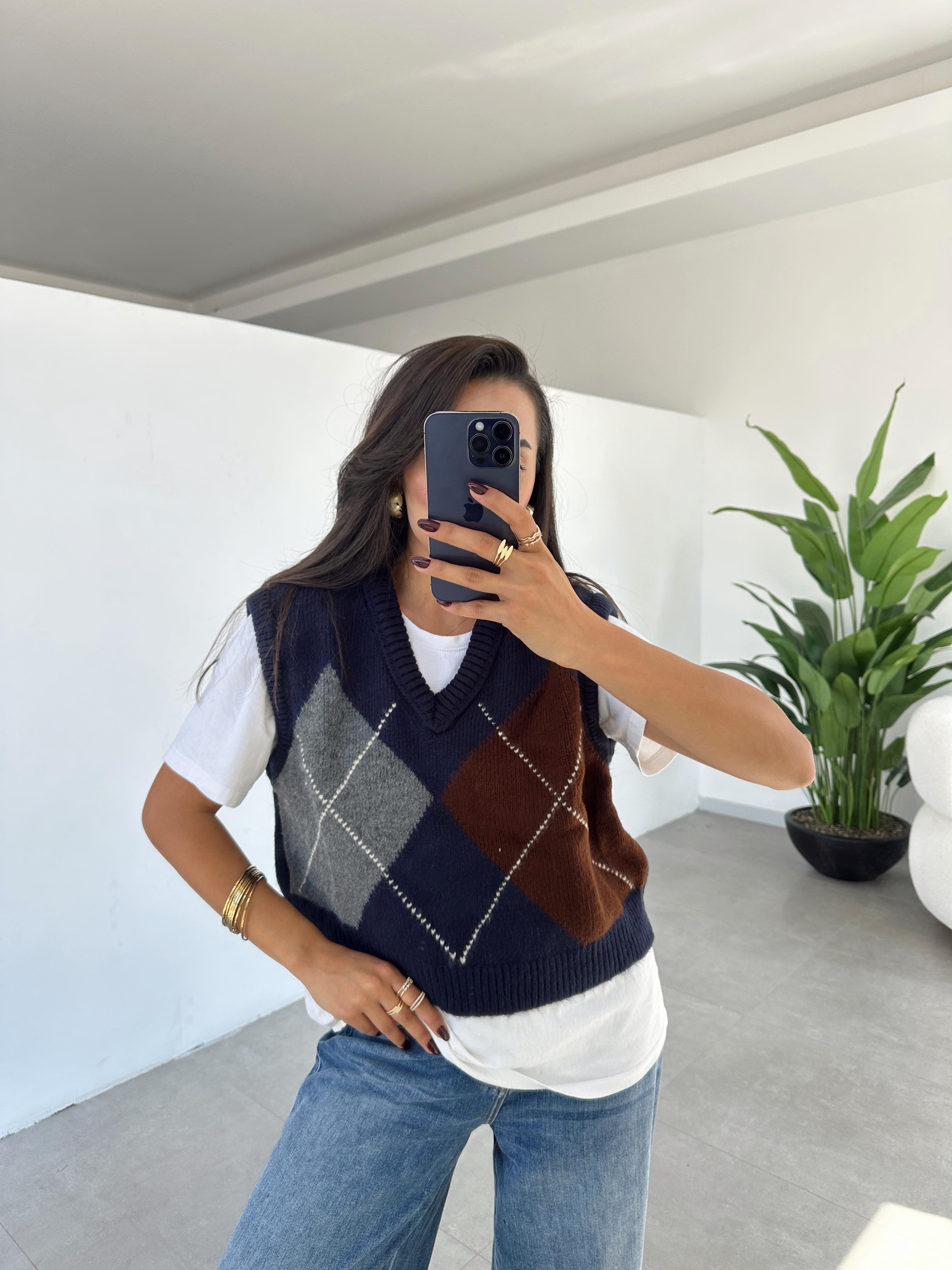 Lacivert-Kahve Baklava Desen Süveter