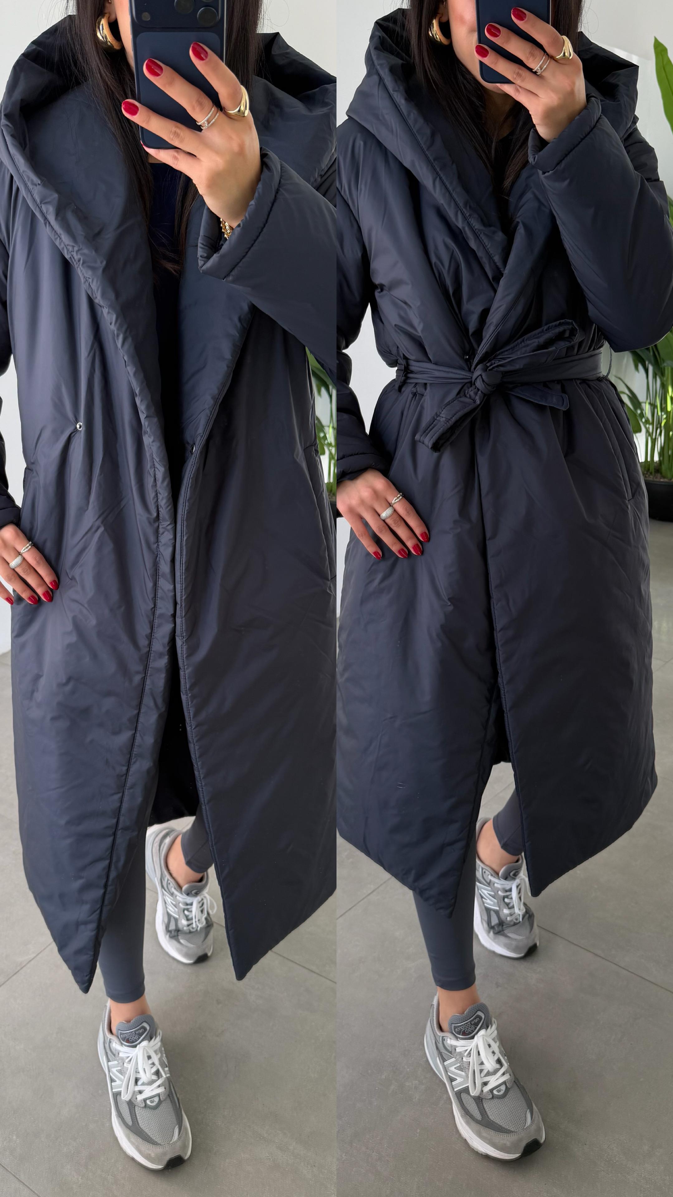 Lacivert Kapüşonlu Elyaflı Uzun Mont