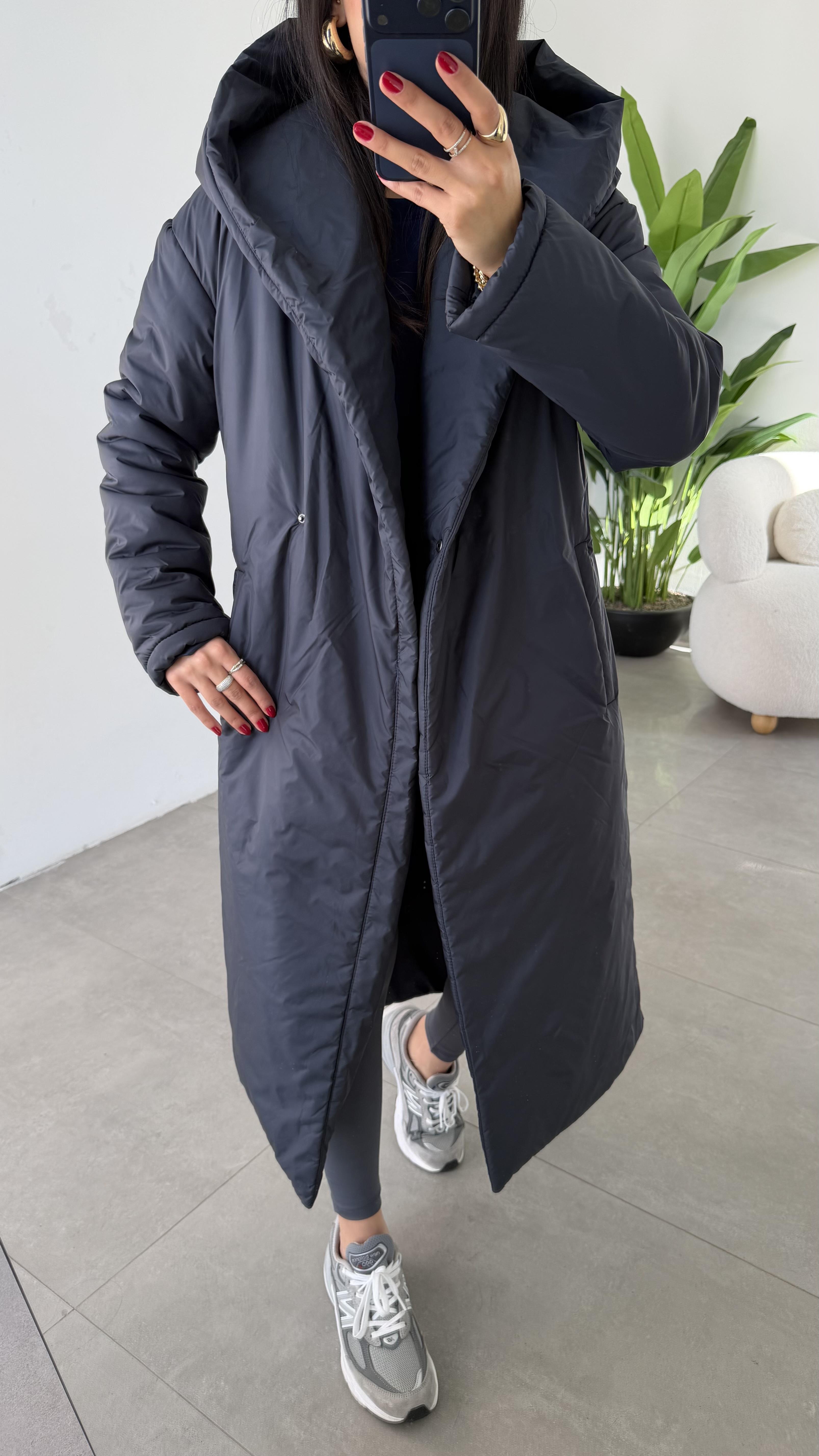 Lacivert Kapüşonlu Elyaflı Uzun Mont