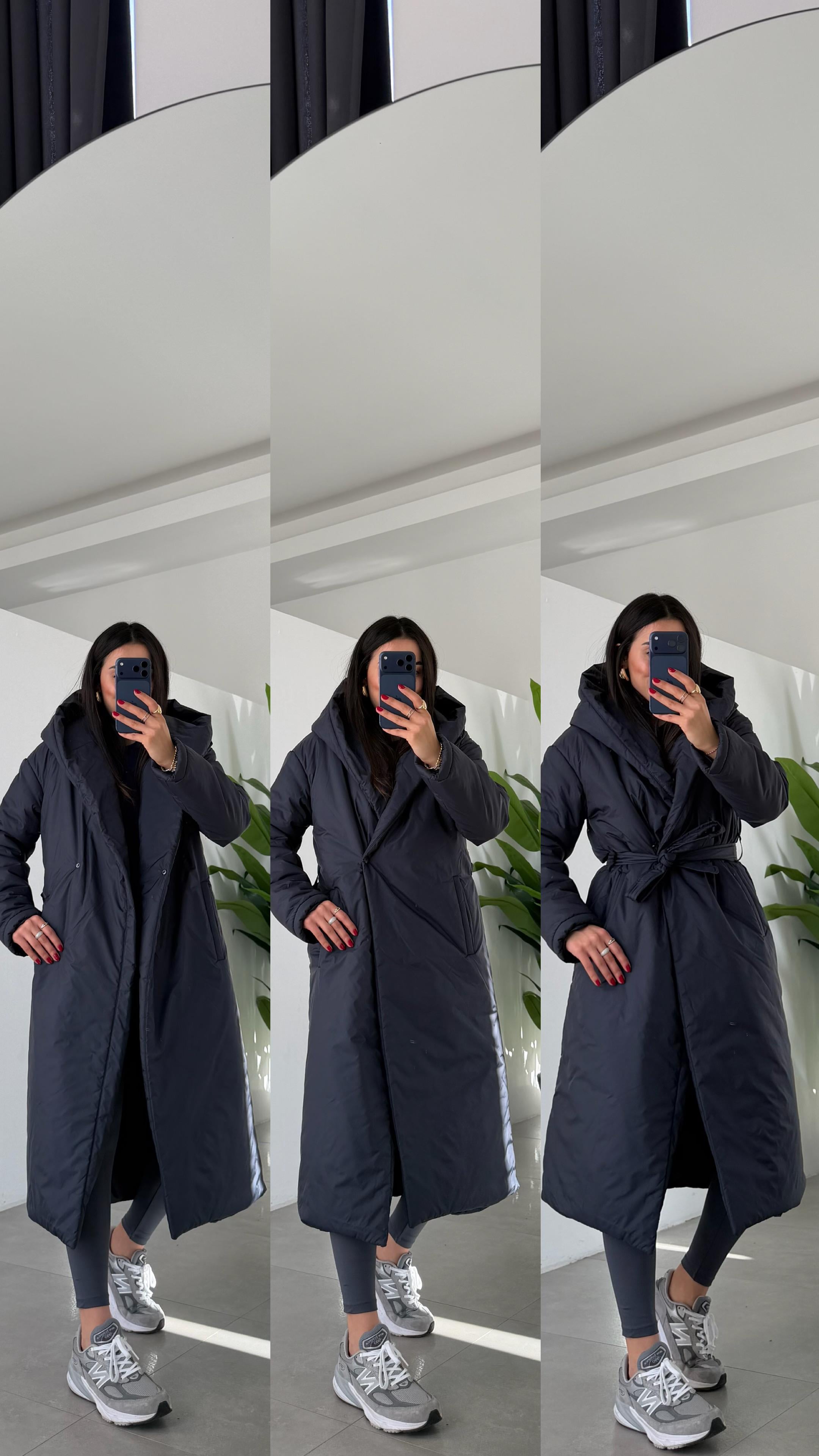 Lacivert Kapüşonlu Elyaflı Uzun Mont