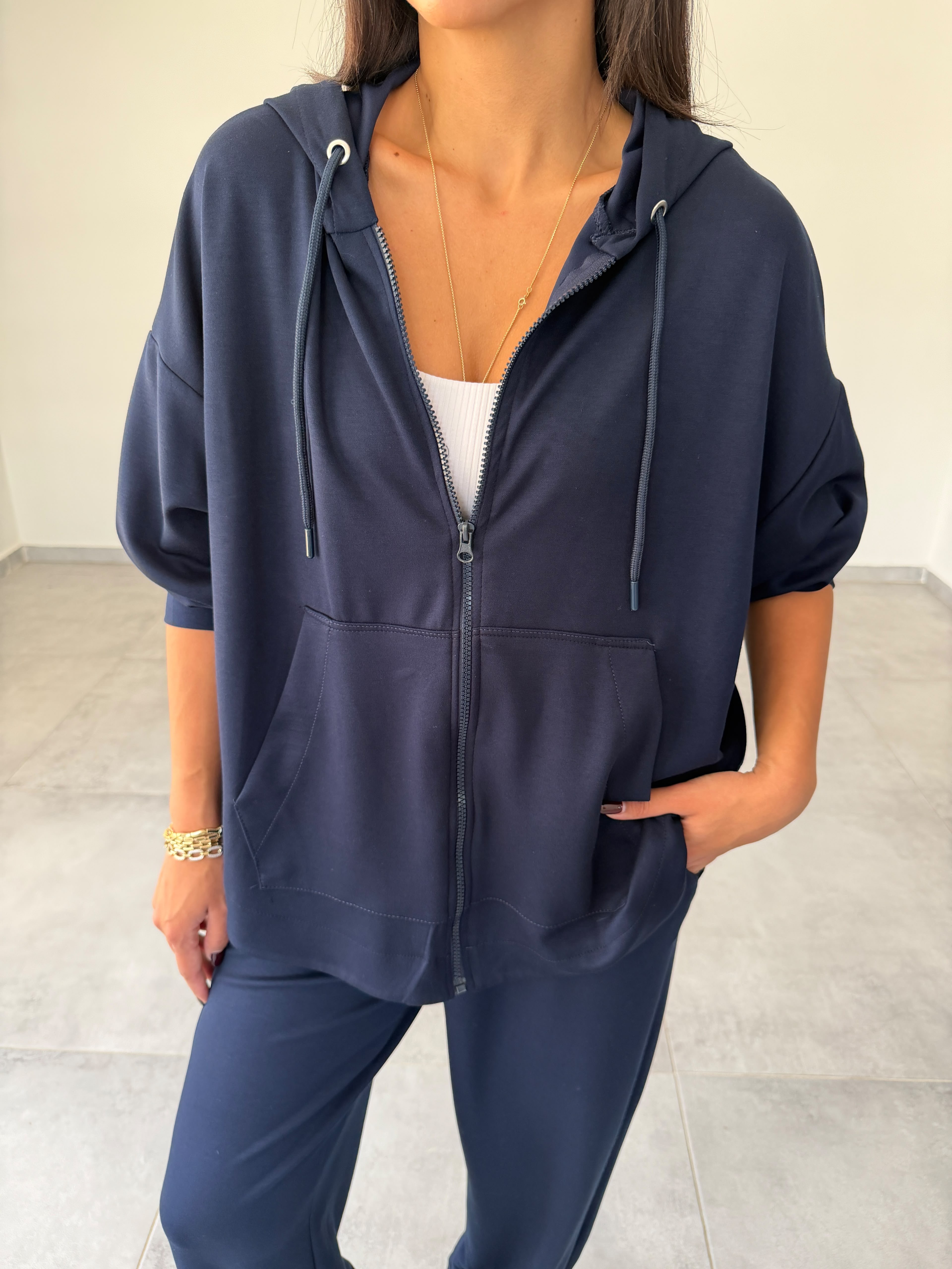 Relax Lacivert Kapüşonlu Fermuarlı Rahat Kesim Sweatshirt