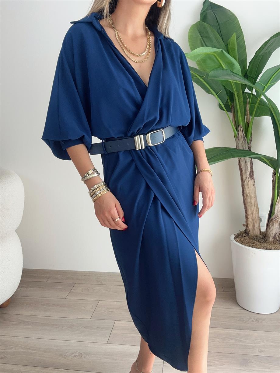 Lacivert Kemerli Dokuma Elbise