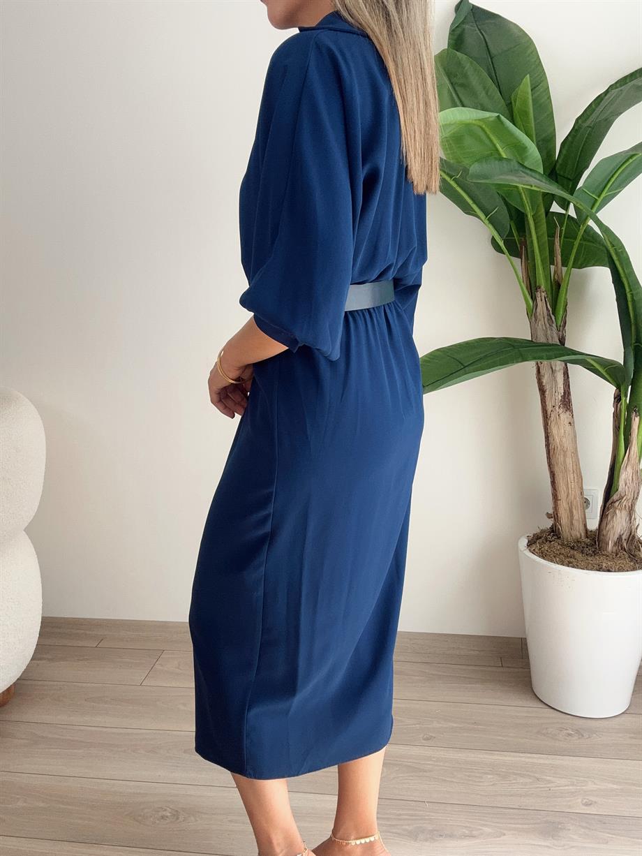 Lacivert Kemerli Dokuma Elbise