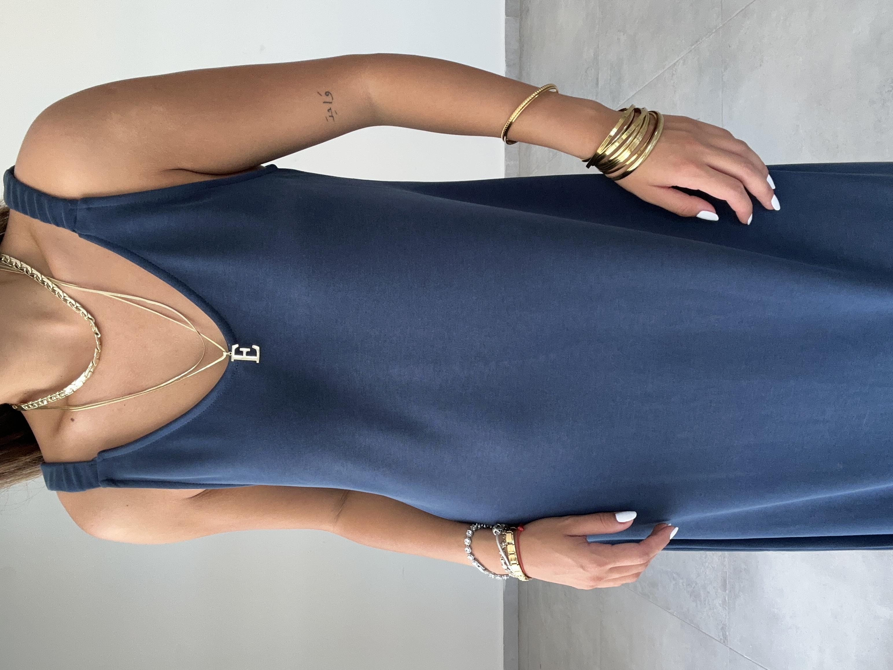 Lacivert Modal Büzgü Lastik Askılı Elbise