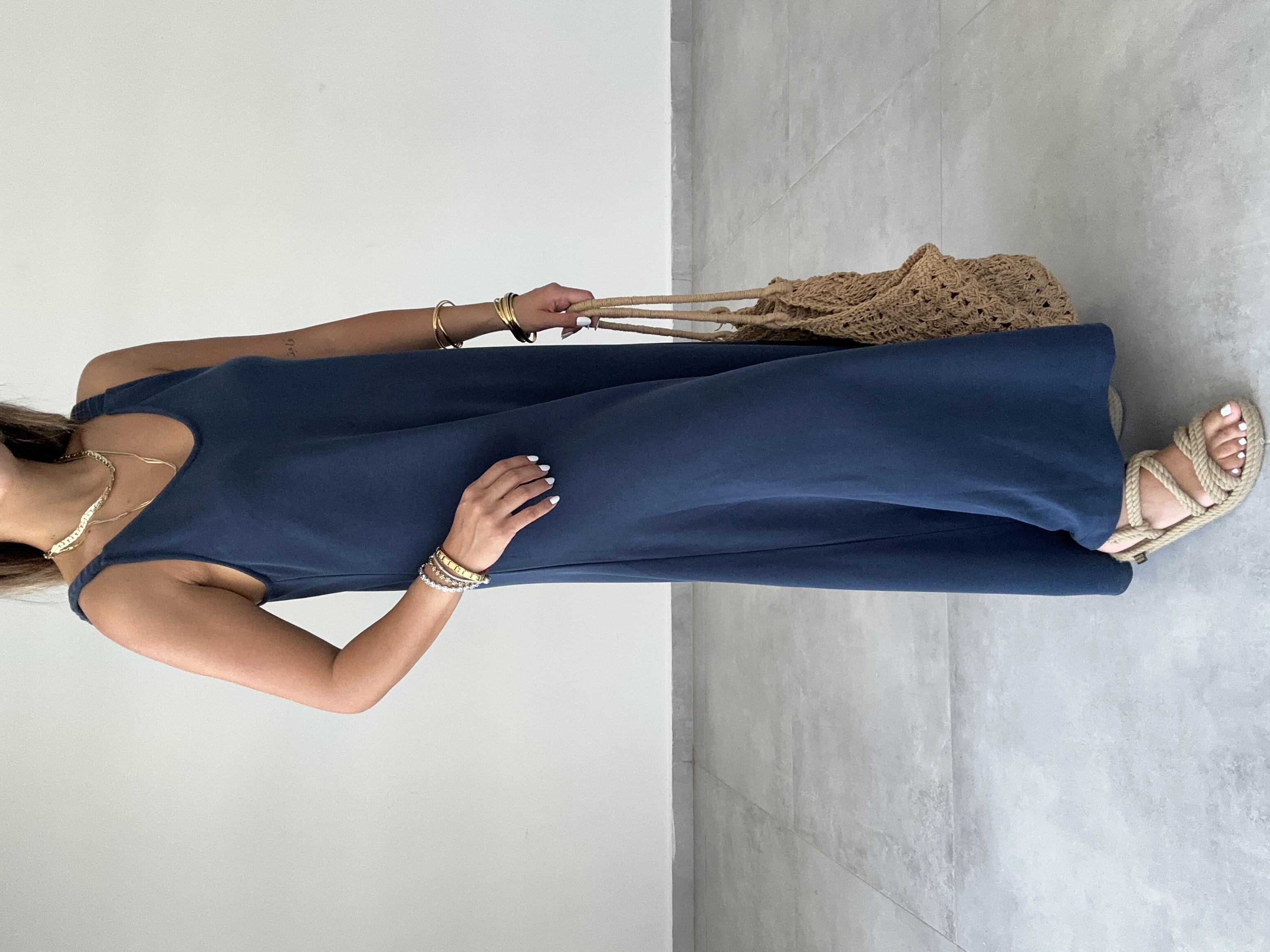 Lacivert Modal Büzgü Lastik Askılı Elbise