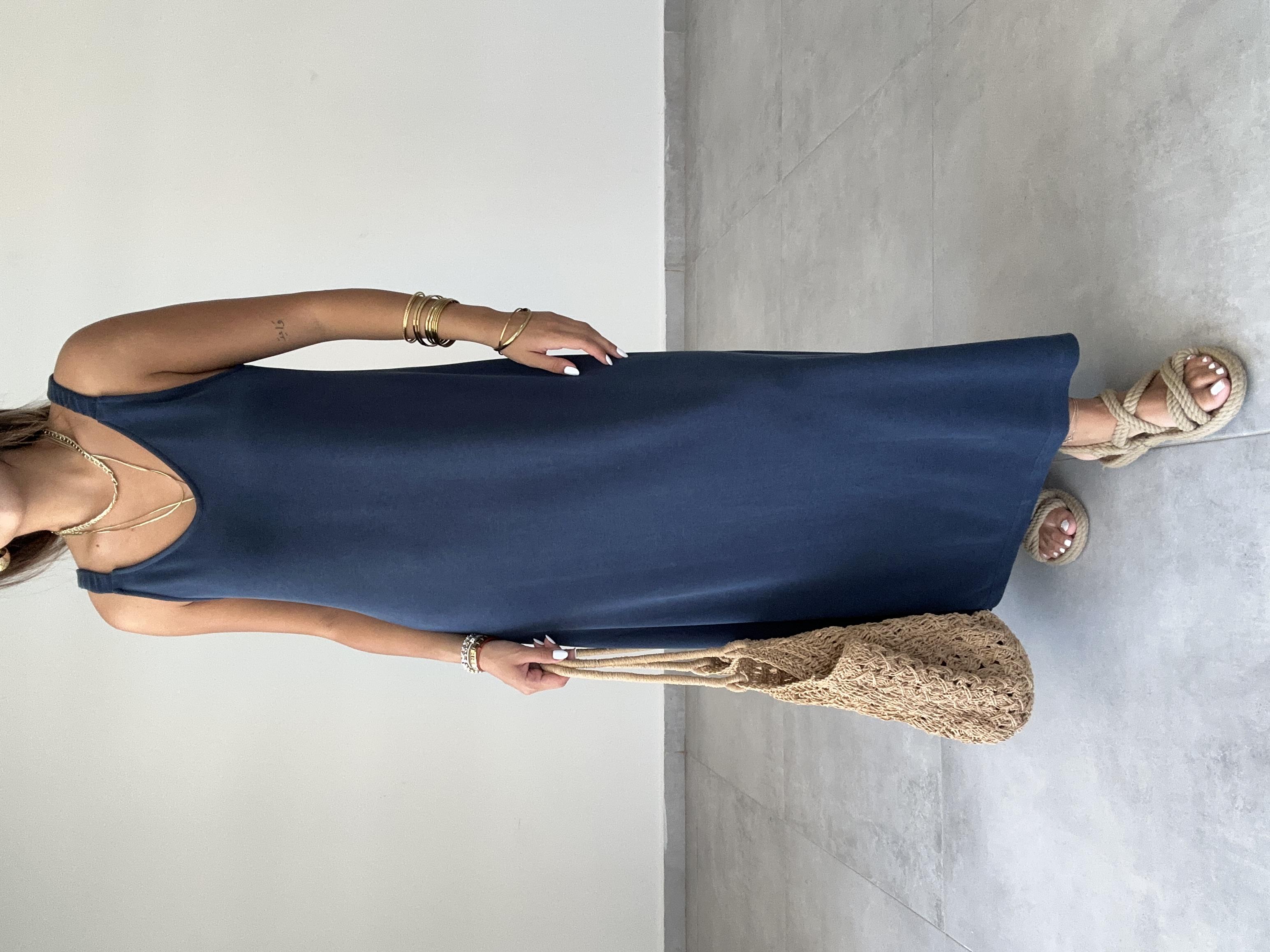 Lacivert Modal Büzgü Lastik Askılı Elbise