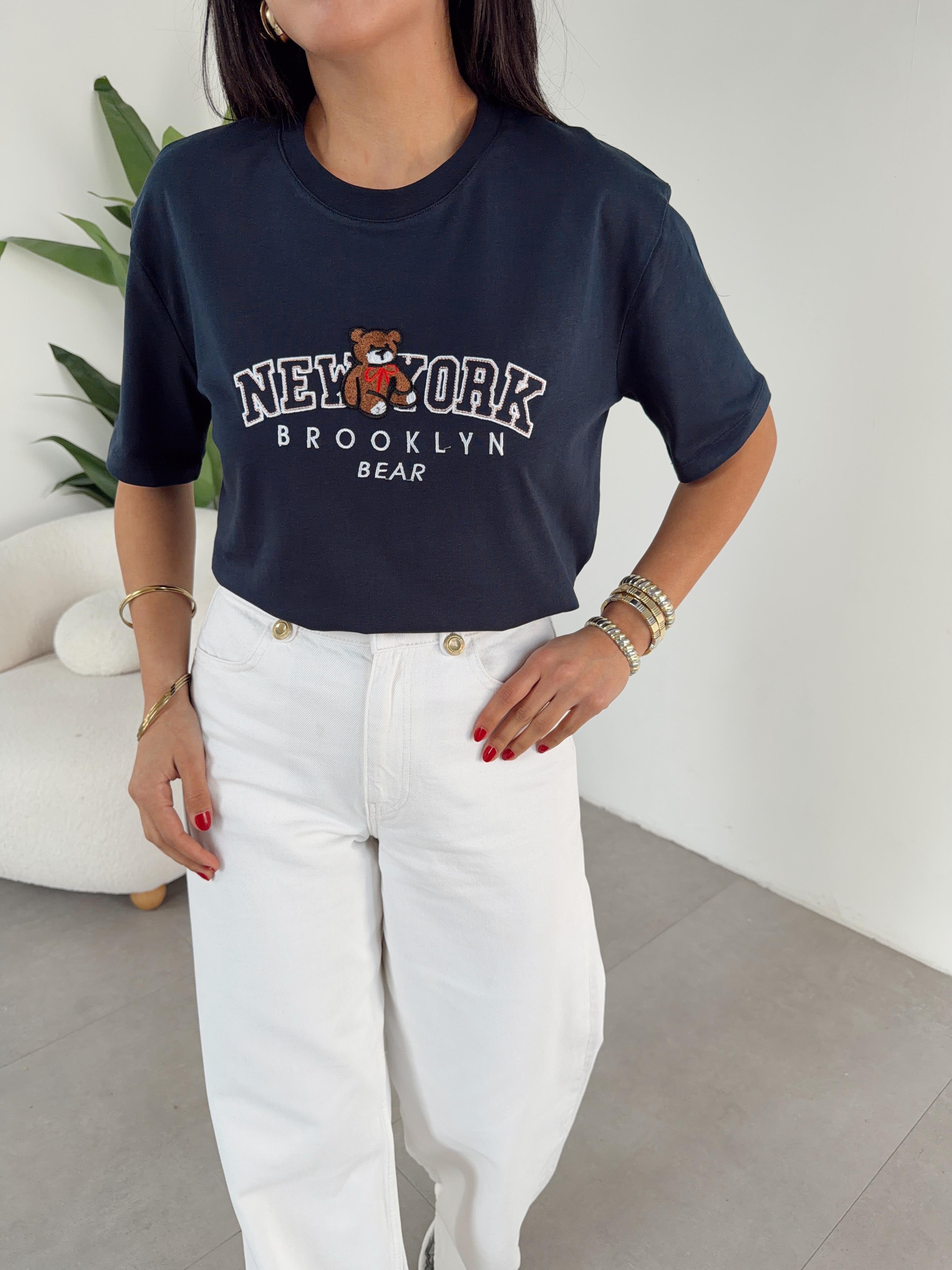 Lacivert Ny Teddy Nakışlı Bisiklet Yaka Tshirt