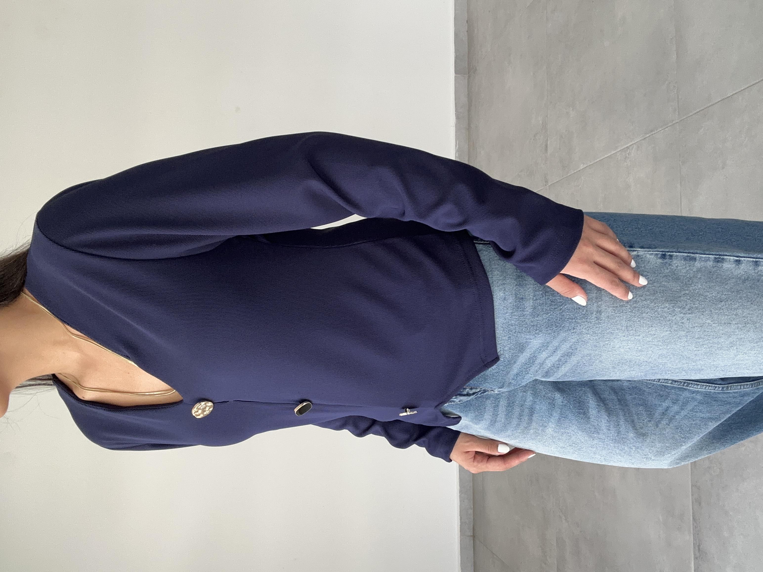 Lacivert Ottoman Gold Düğmeli Bluz