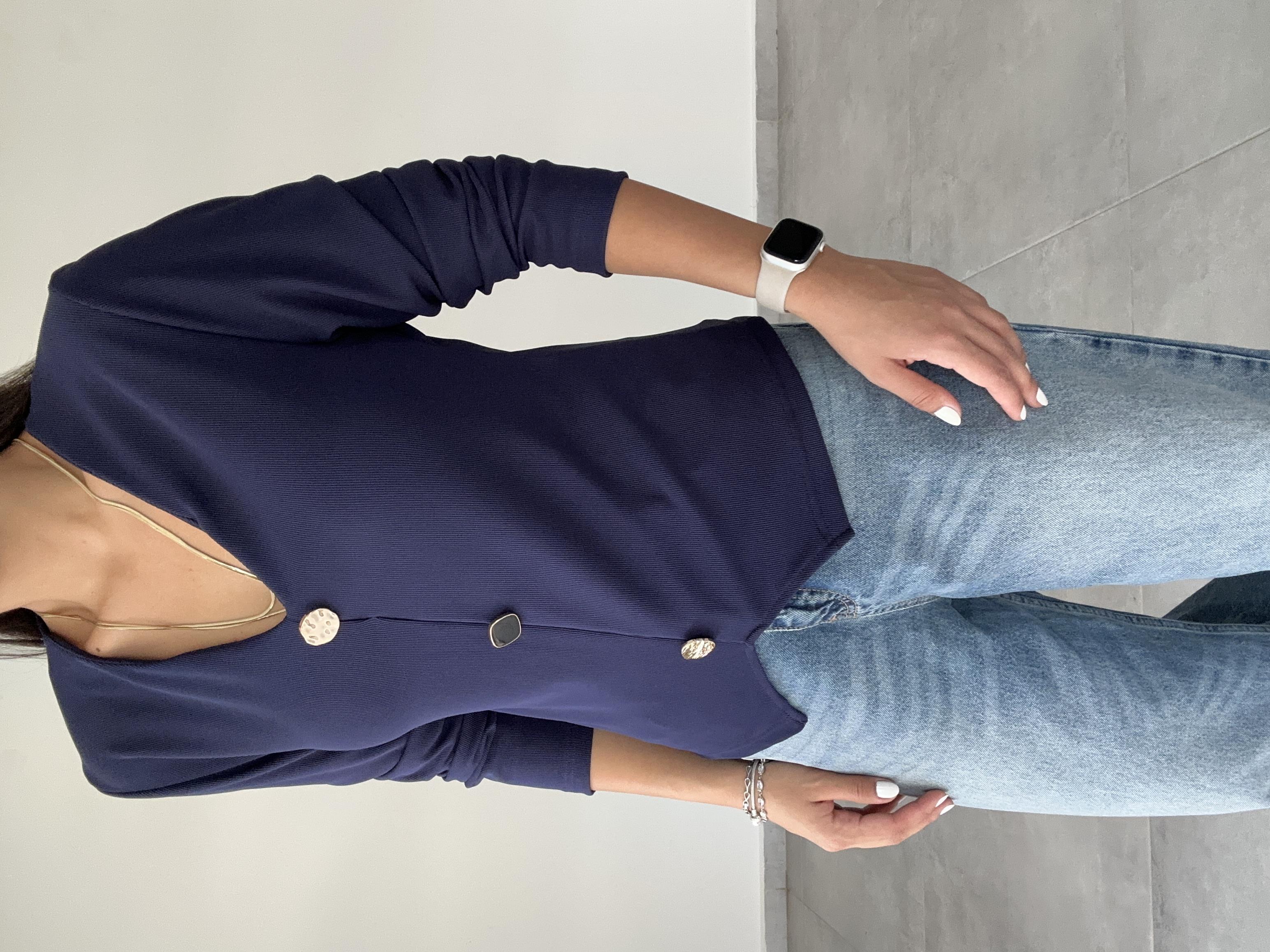 Lacivert Ottoman Gold Düğmeli Bluz