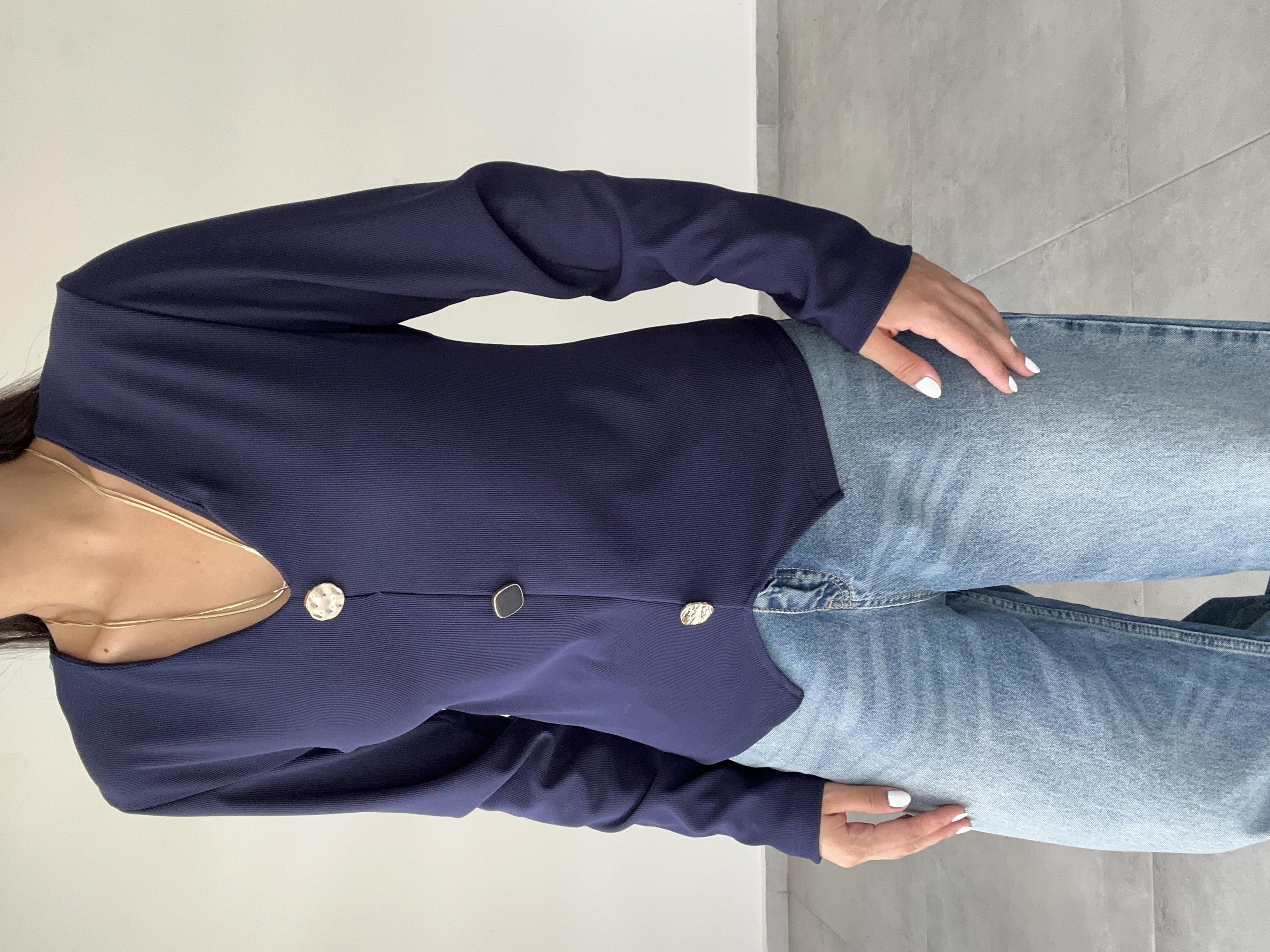 Lacivert Ottoman Gold Düğmeli Bluz