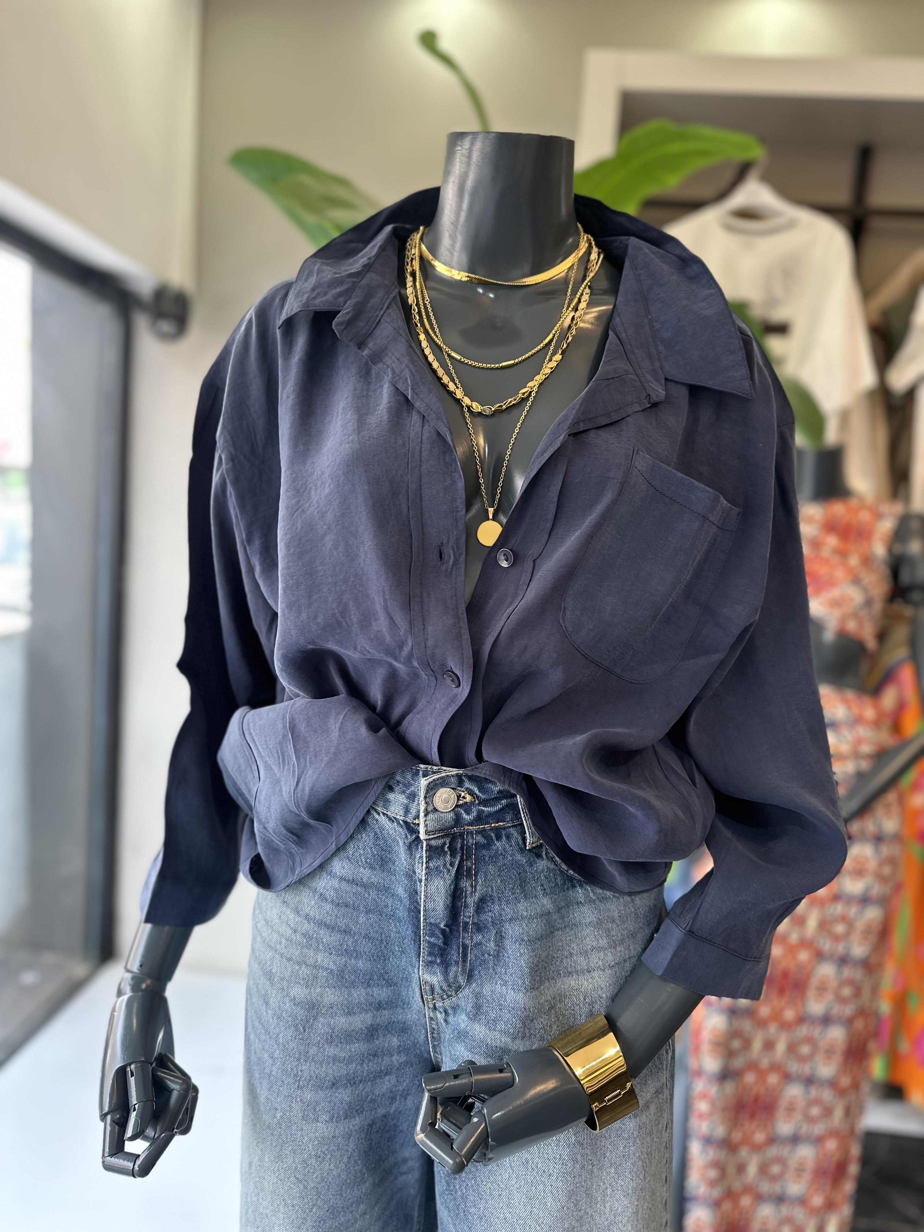 Lacivert Oversize Tencel Gömlek