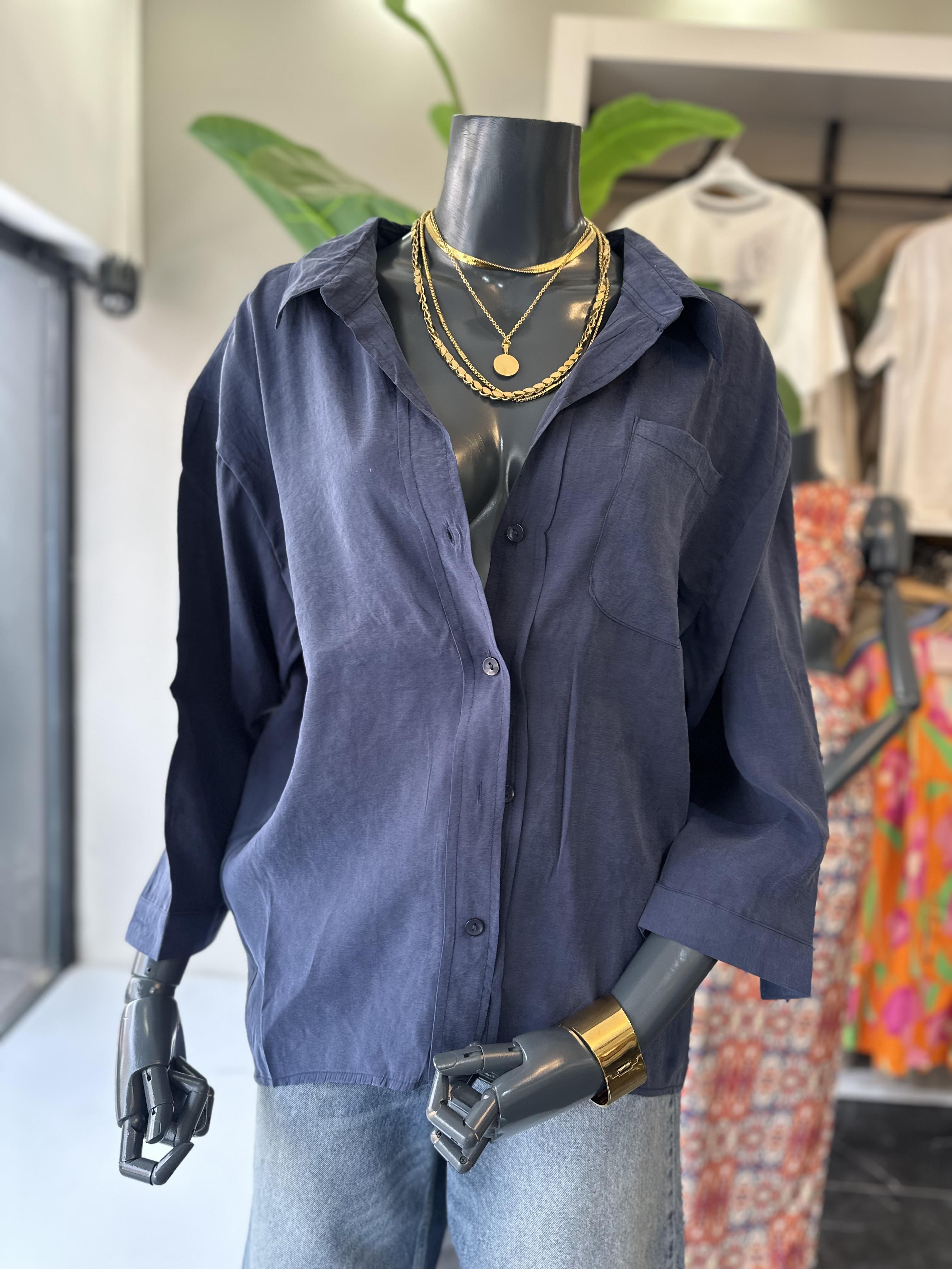 Lacivert Oversize Tencel Gömlek