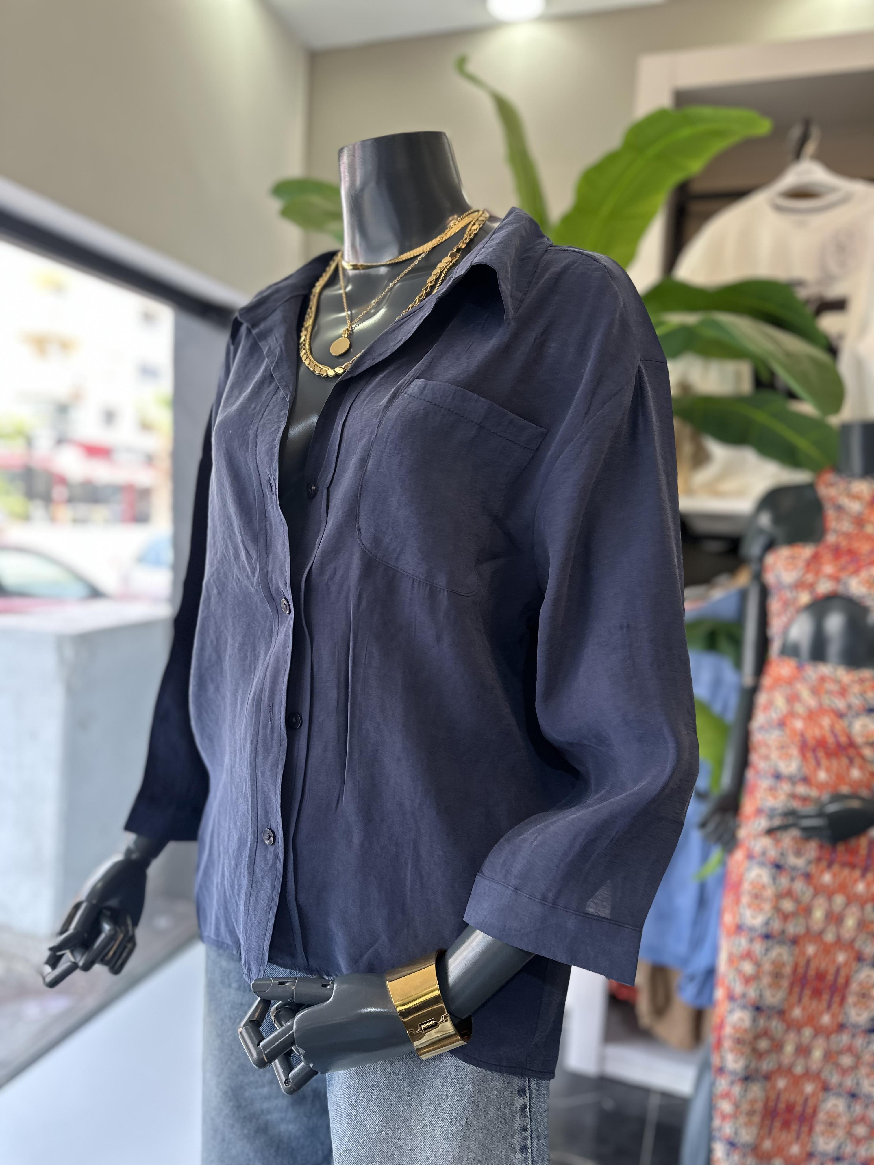 Lacivert Oversize Tencel Gömlek