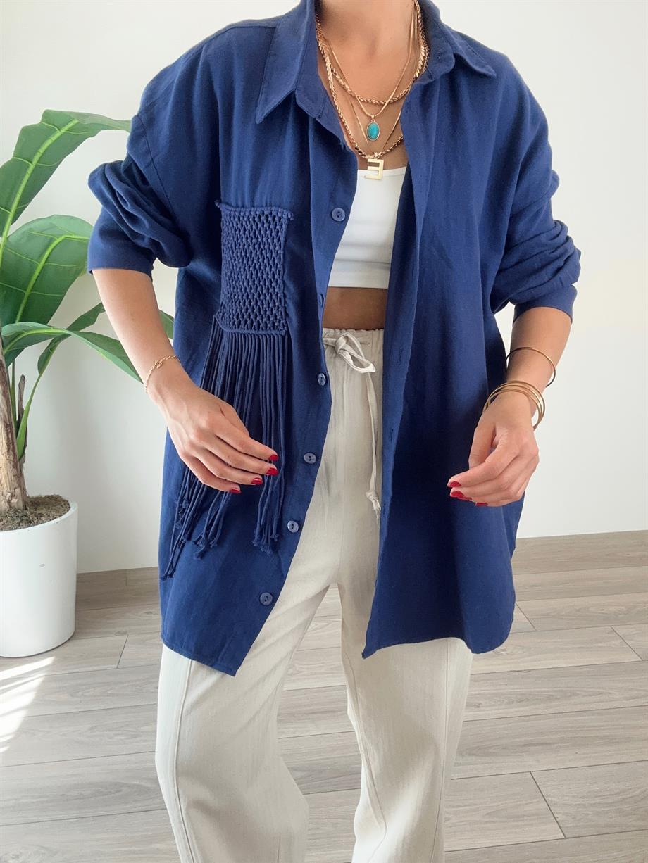 Lacivert Püskül Cep Detaylı Oversize Gömlek