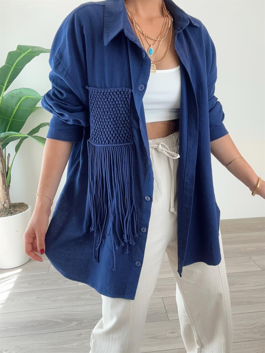 Lacivert Püskül Cep Detaylı Oversize Gömlek