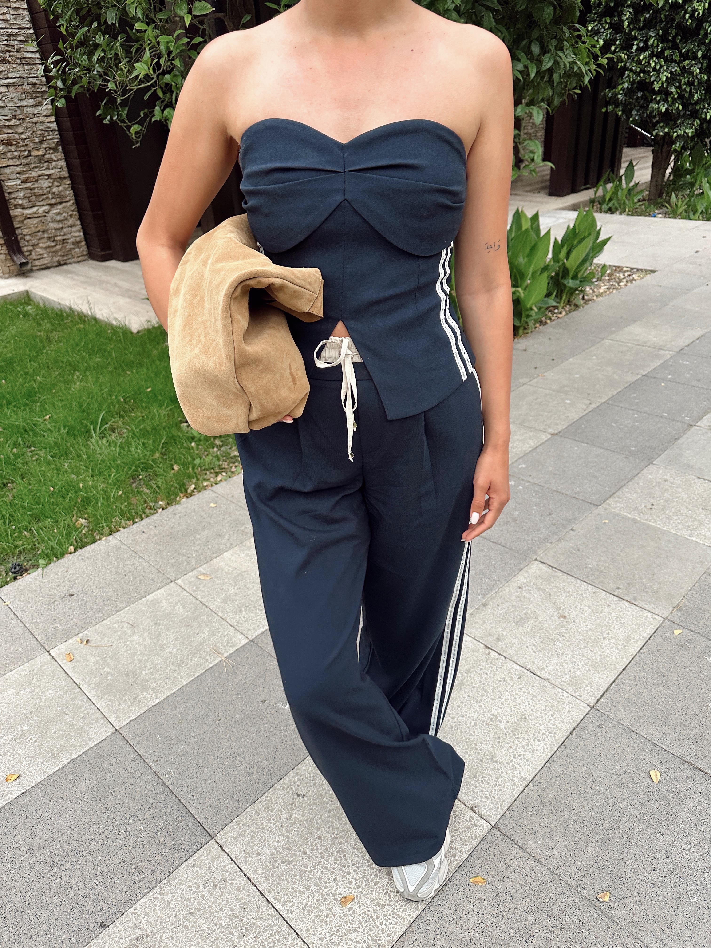 Lacivert Straplez Bluz  Pantolon Takım