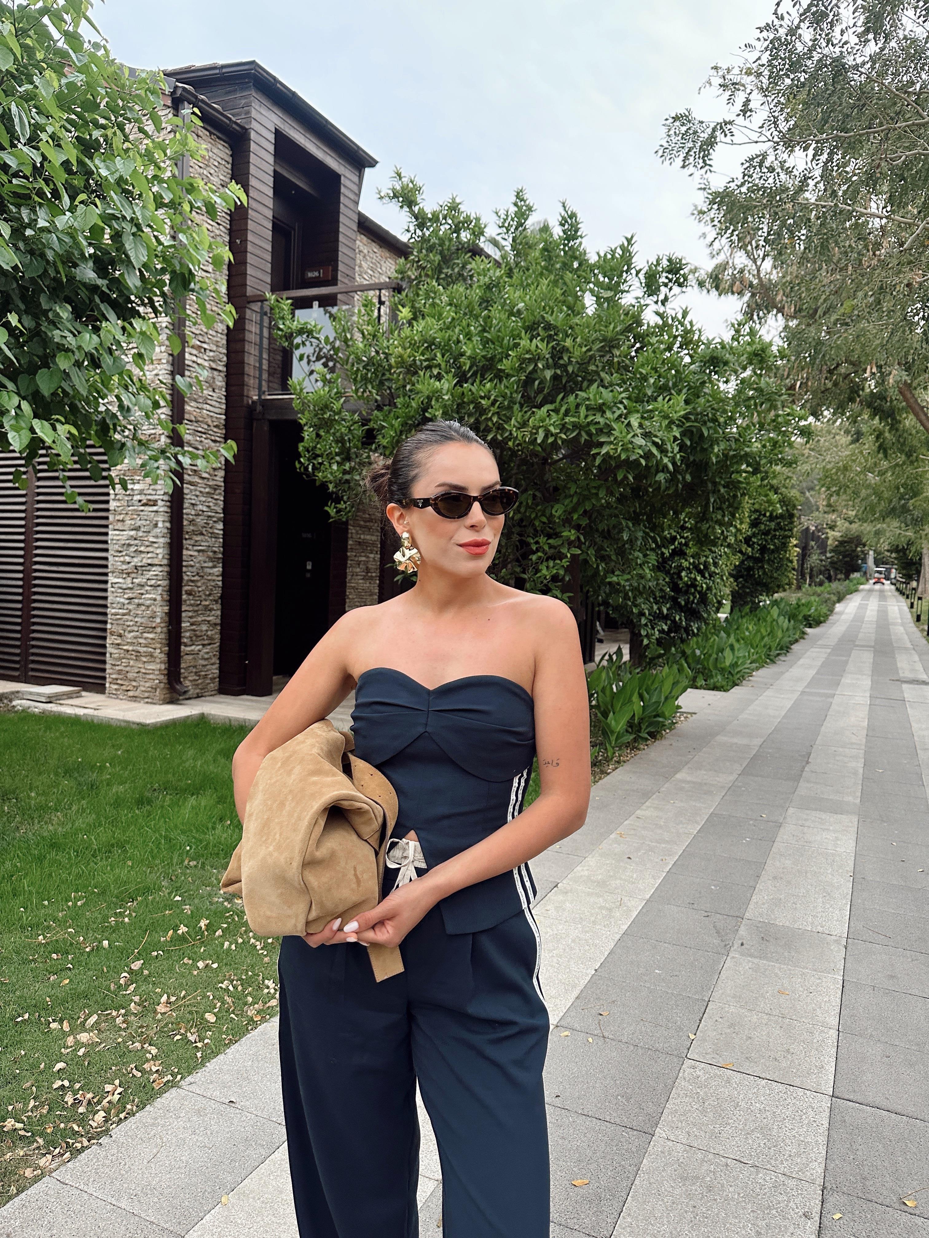 Lacivert Straplez Bluz  Pantolon Takım