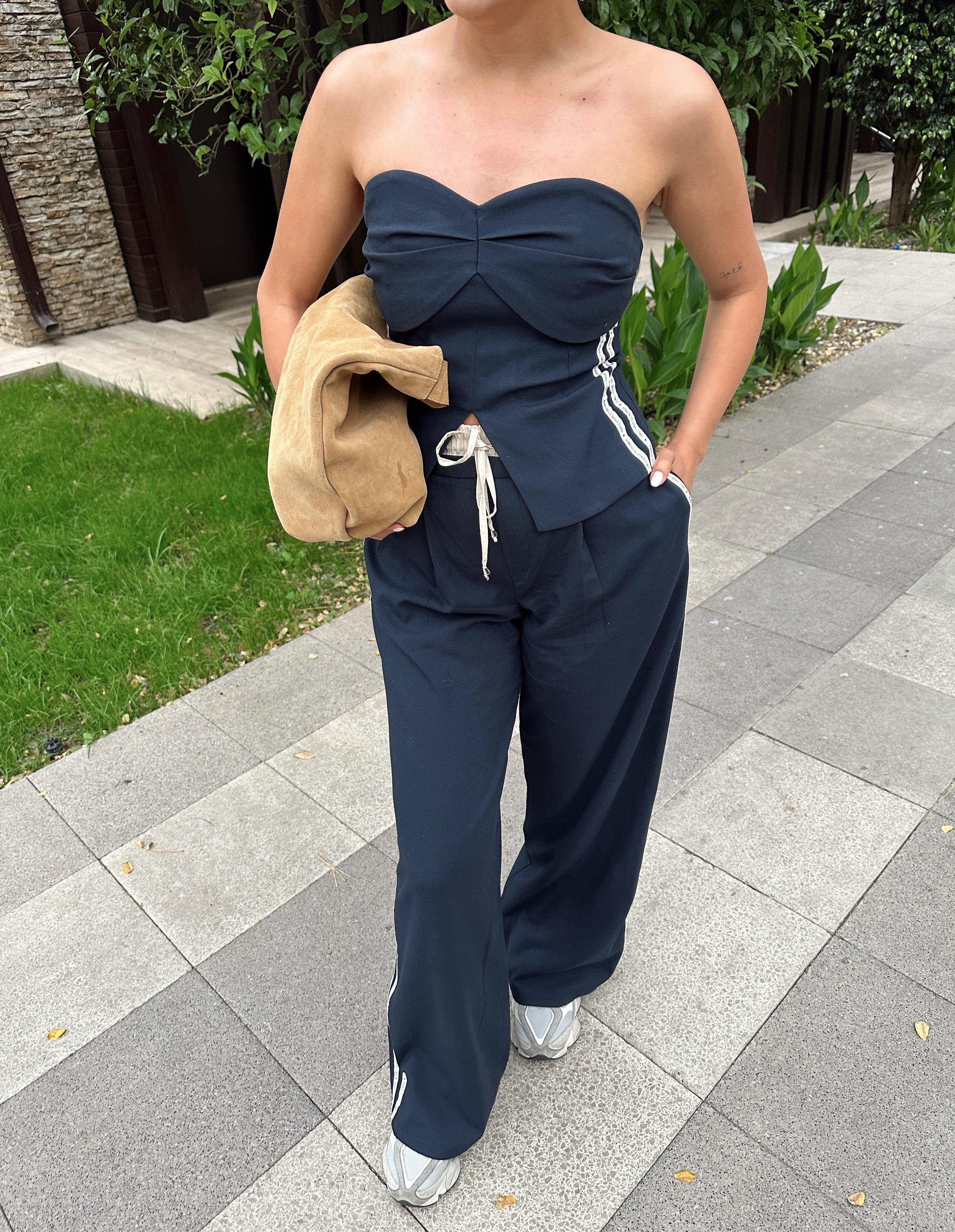 Lacivert Straplez Bluz  Pantolon Takım