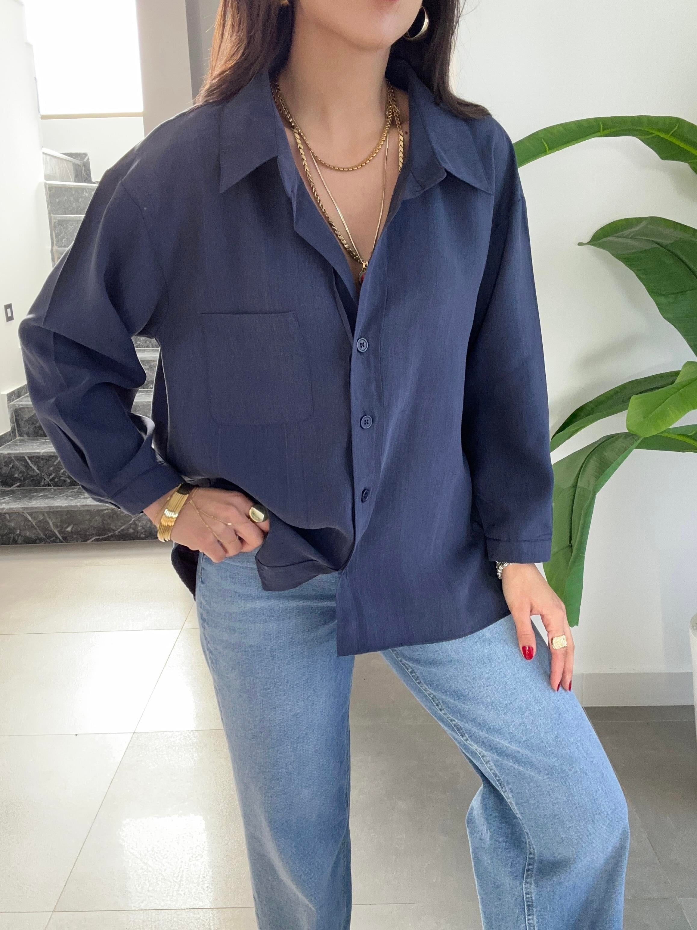 Lacivert Tek Cep Oversize Gömlek