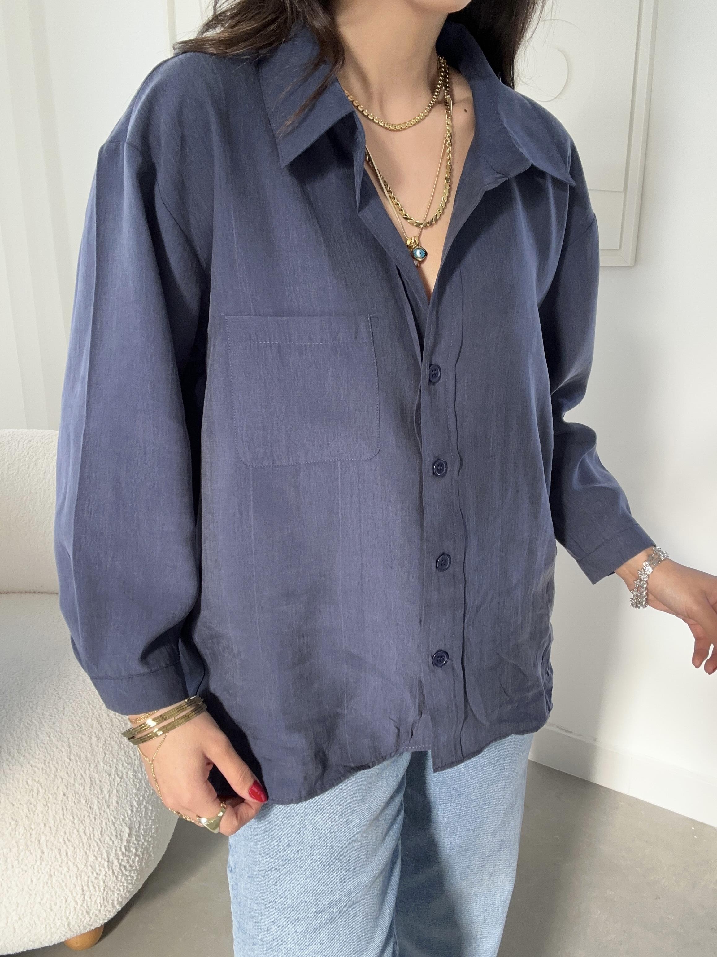 Lacivert Tek Cep Oversize Gömlek