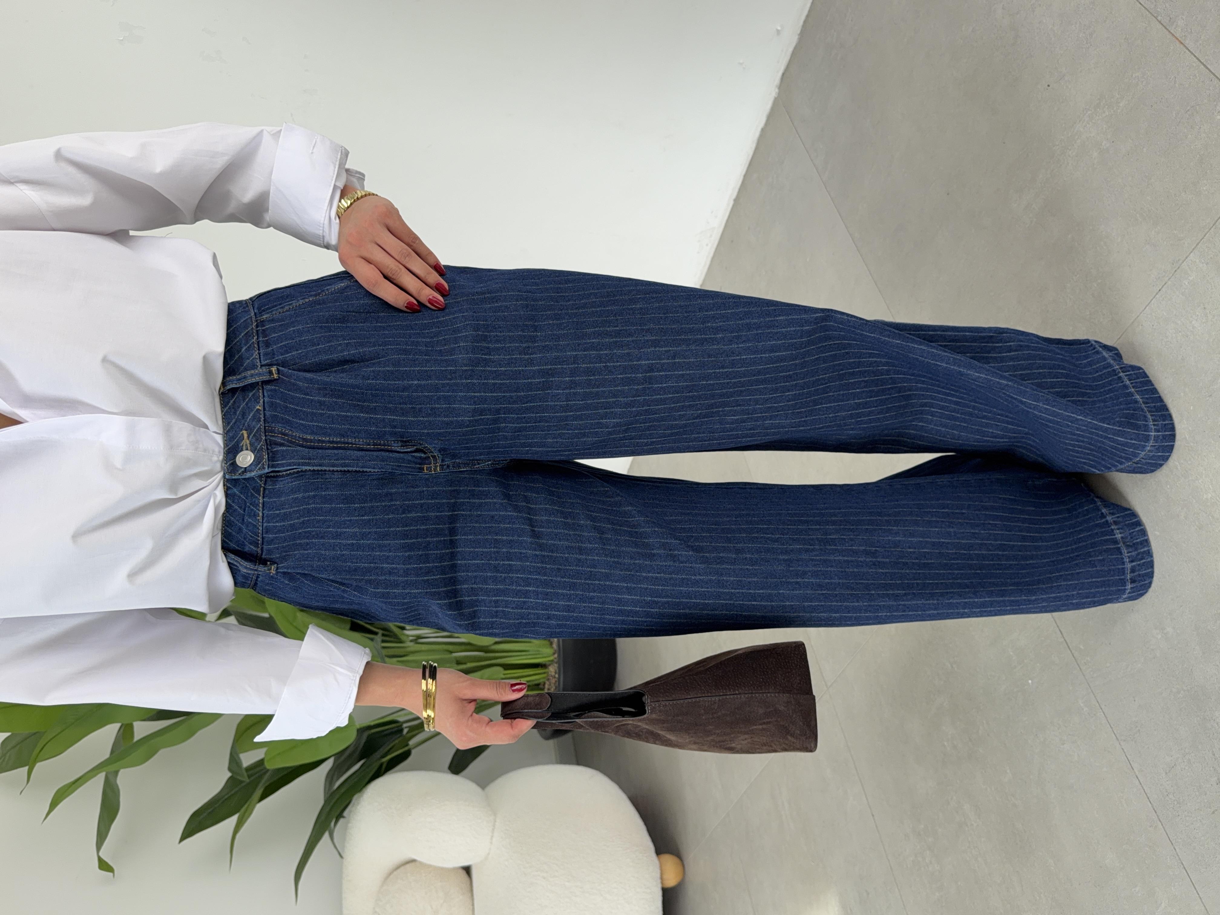 Lacivert Tek Pileli Çizgili Denim Pantolon