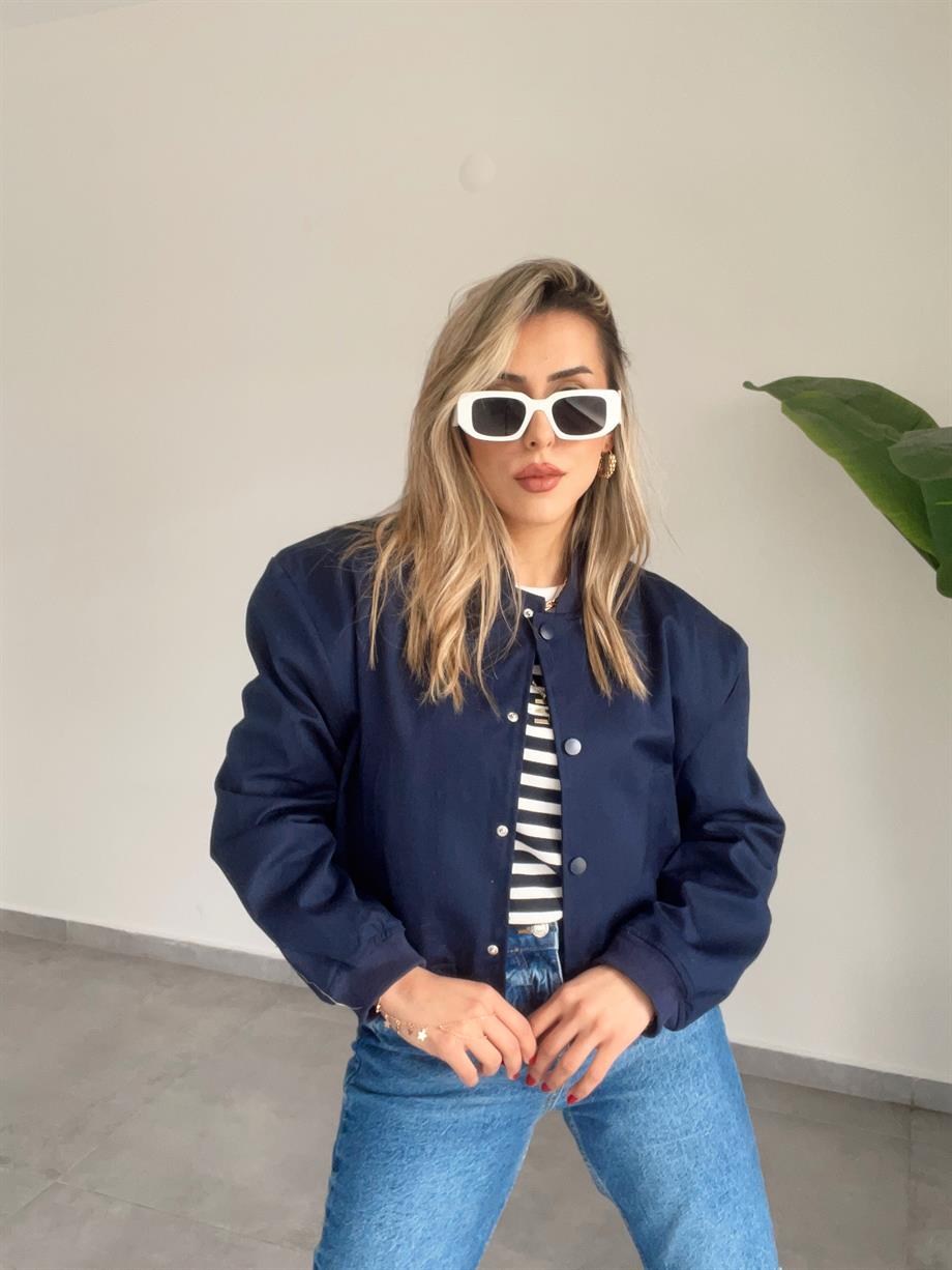 Lacivert Vatkalı Çıtçıt Düğmeli Bomber Ceket