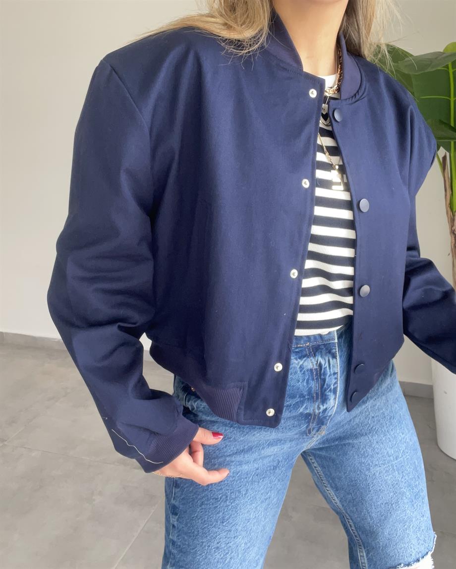 Lacivert Vatkalı Çıtçıt Düğmeli Bomber Ceket
