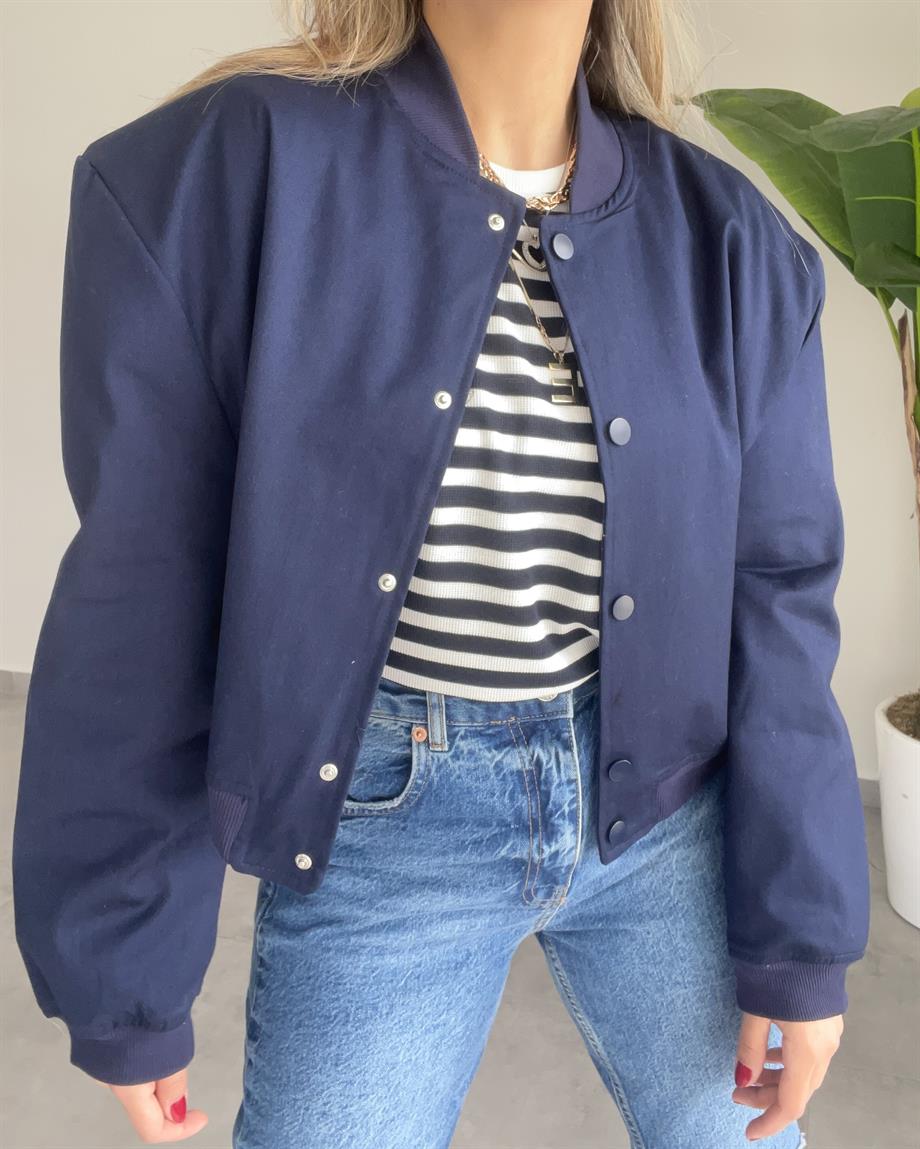 Lacivert Vatkalı Çıtçıt Düğmeli Bomber Ceket